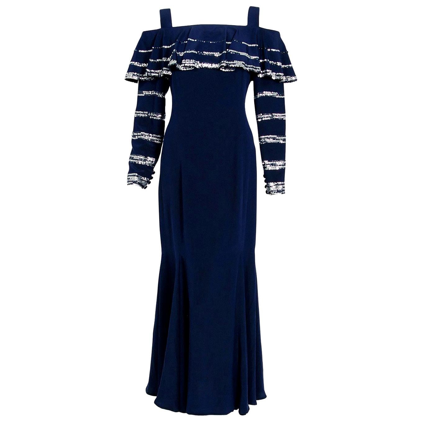 Vintage 1975 Karl Lagerfeld for Chloe Sequin Navy Blue Silk Off-Shoulder Dress