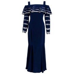Vintage 1975 Karl Lagerfeld for Chloe Sequin Navy Blue Silk Off-Shoulder Dress