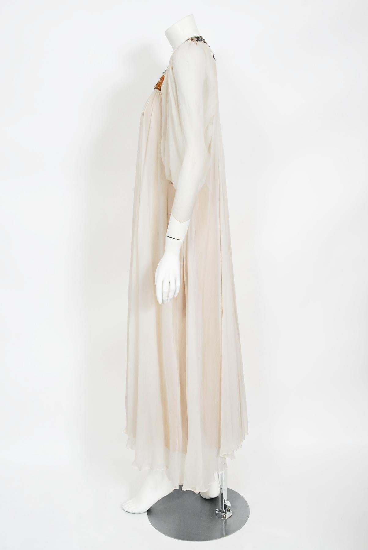 1970's Madame Grès Haute Couture Beaded Embroidered Ivory Sheer Silk Bridal Gown For Sale 6