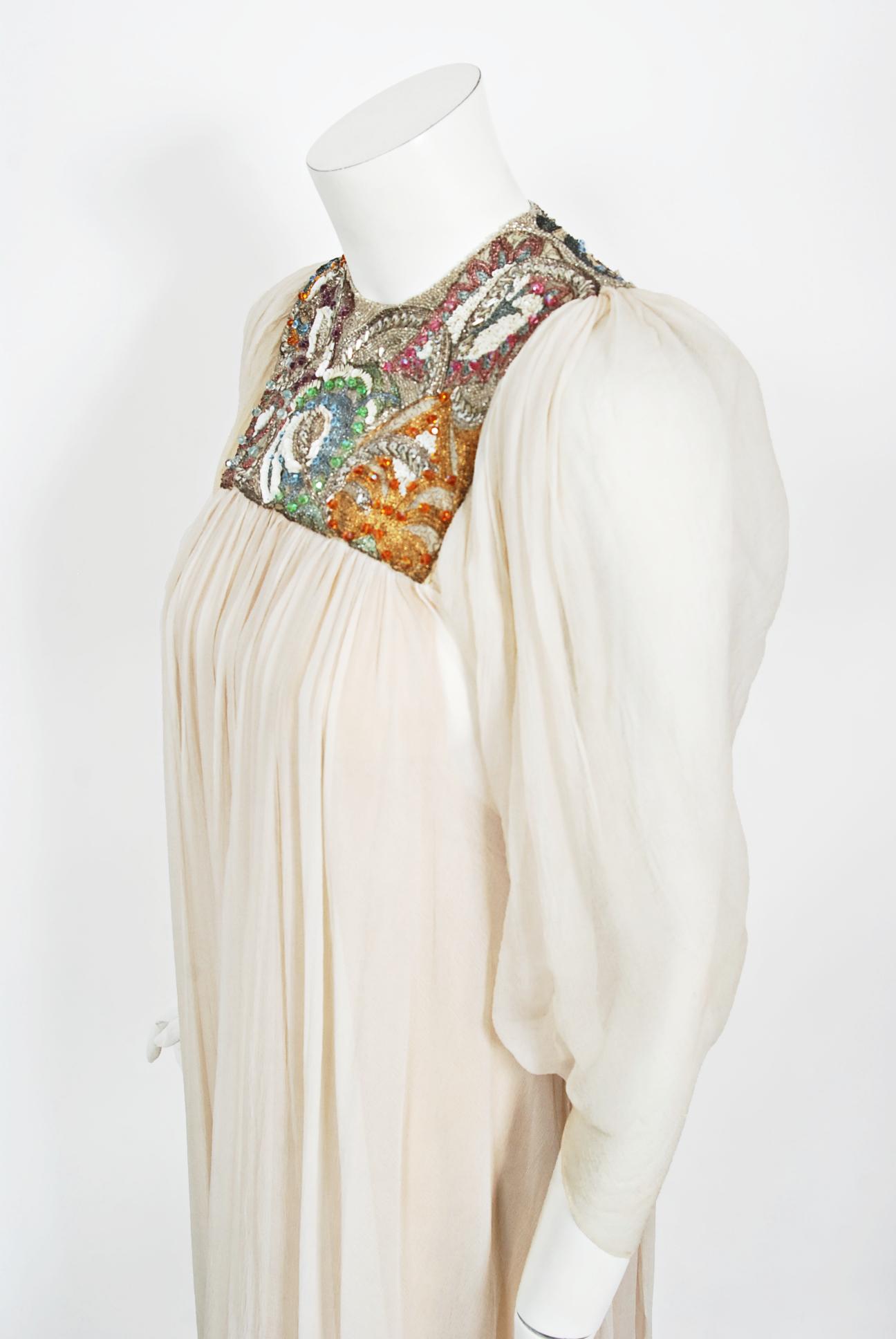 Women's 1970's Madame Grès Haute Couture Beaded Embroidered Ivory Sheer Silk Bridal Gown For Sale