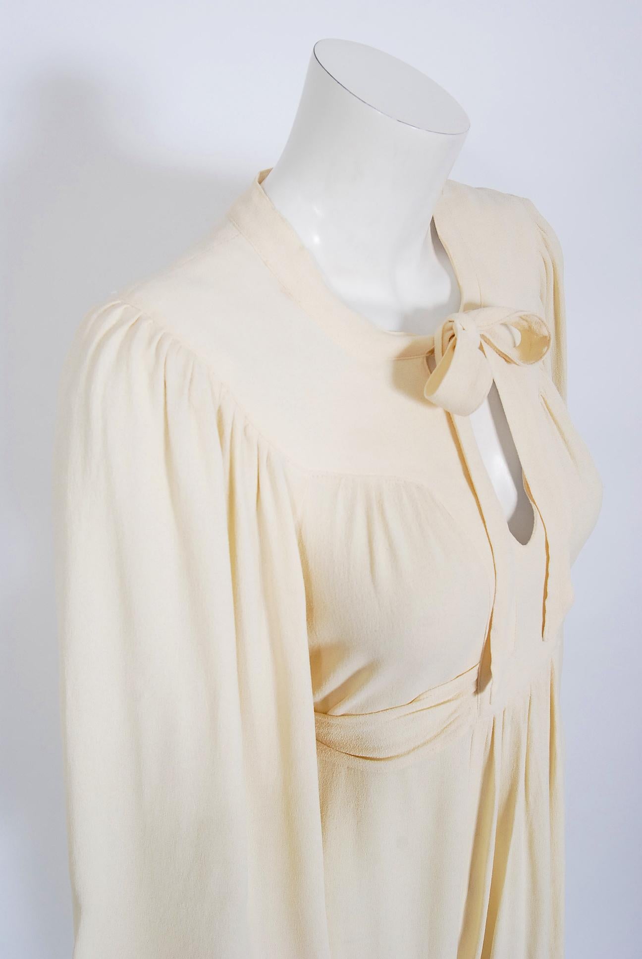 Beige Vintage 1975 Ossie Clark Cream Crepe Billow-Sleeve Tie Collar Belted Dress Gown