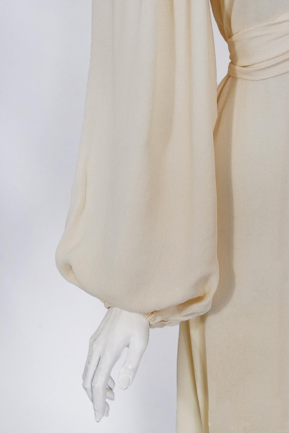 Women's Vintage 1975 Ossie Clark Cream Crepe Billow-Sleeve Tie Collar Belted Dress Gown