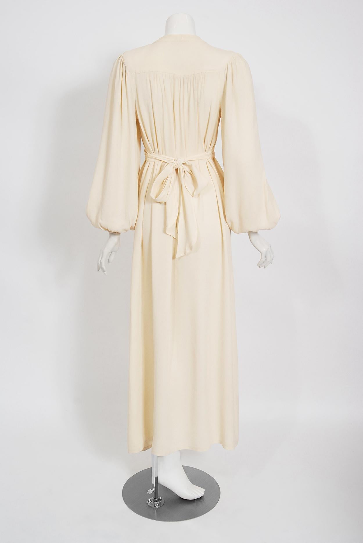 Vintage 1975 Ossie Clark Cream Crepe Billow-Sleeve Tie Collar Belted Dress Gown 1