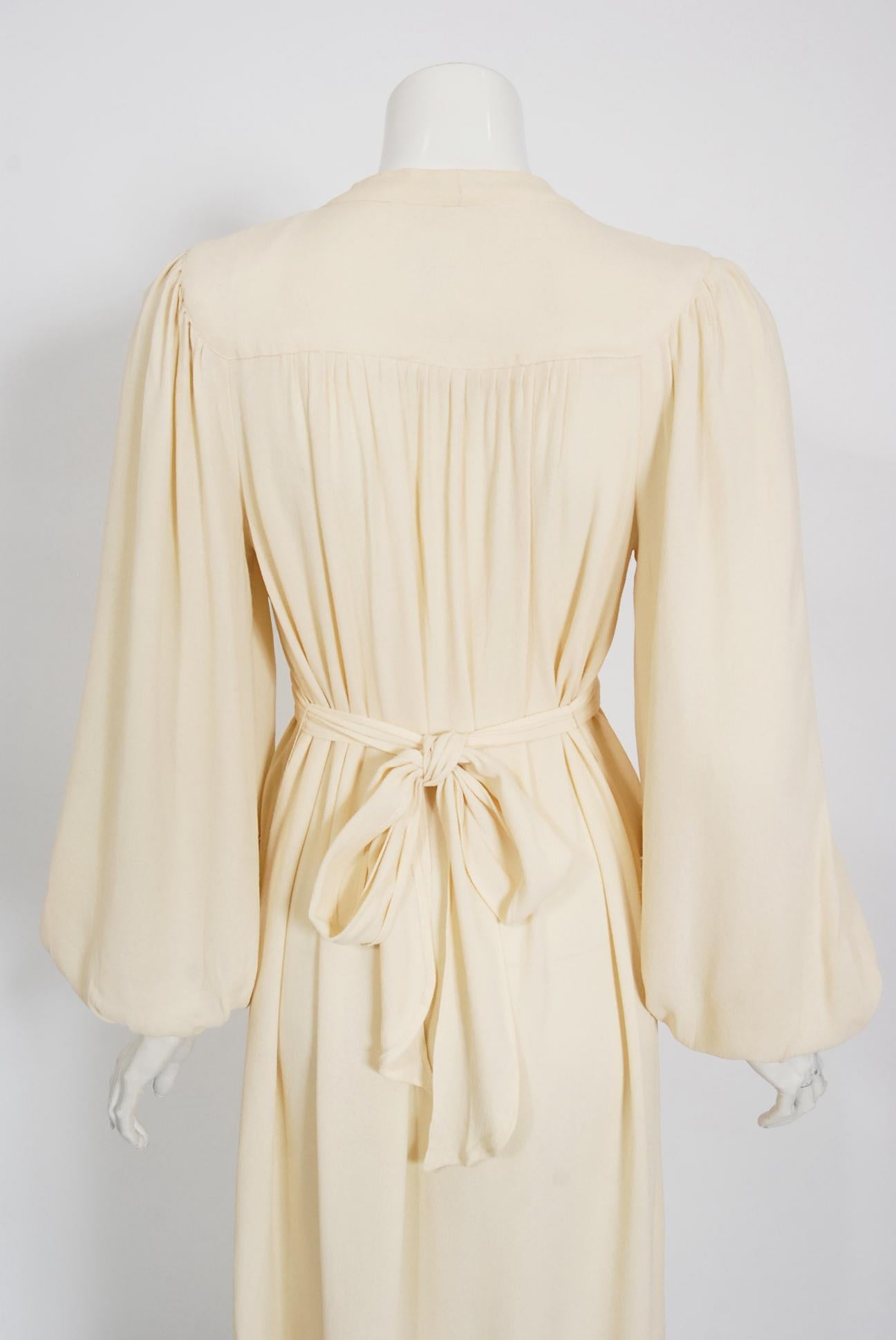 Vintage 1975 Ossie Clark Cream Crepe Billow-Sleeve Tie Collar Belted Dress Gown 2