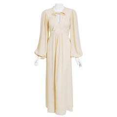 Vintage 1975 Ossie Clark Cream Crepe Billow-Sleeve Tie Collar Belted Dress Gown