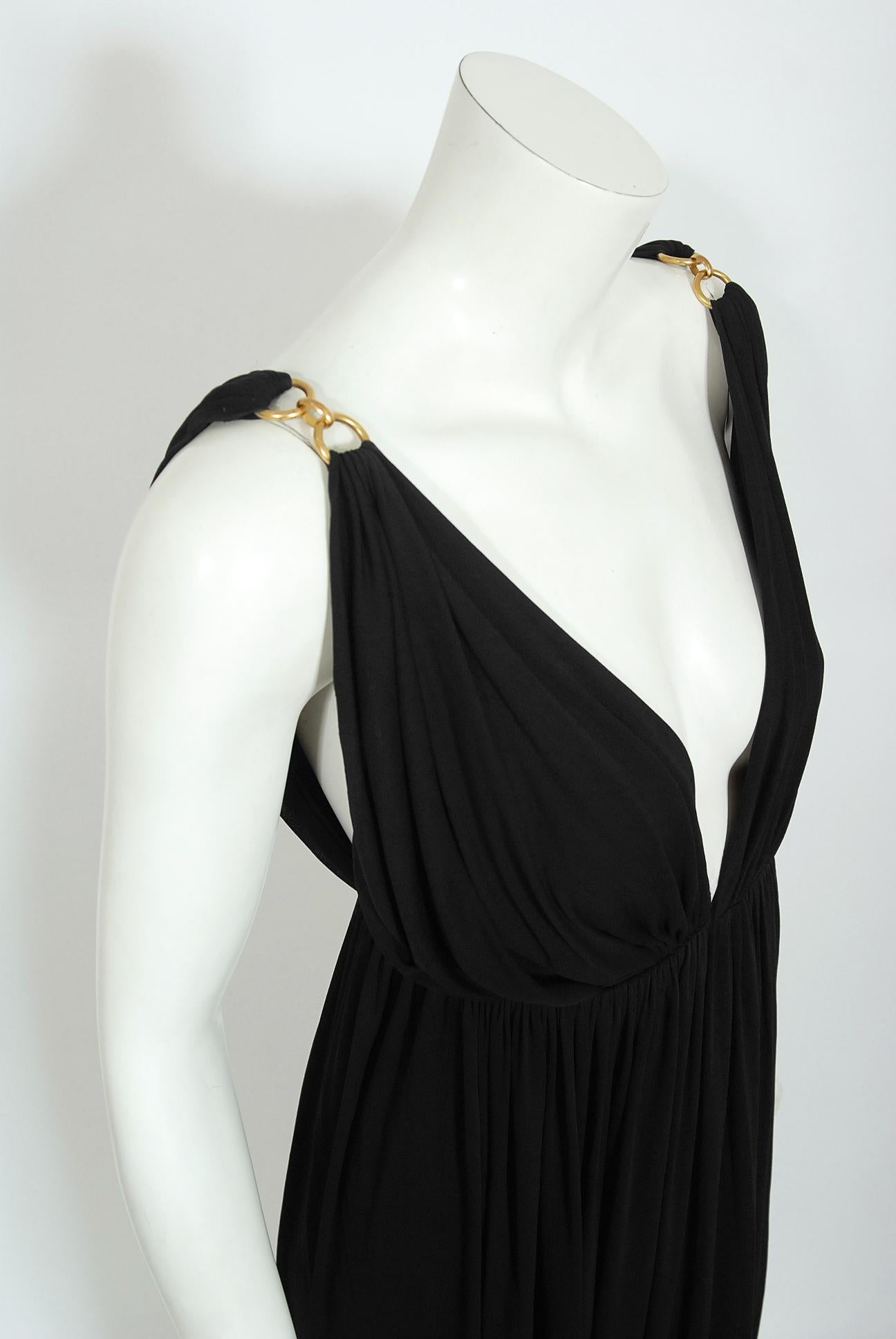 Vintage 1975 Yves Saint Laurent Rive Gauche Black Jersey Gold-Links Plunge Gown 4