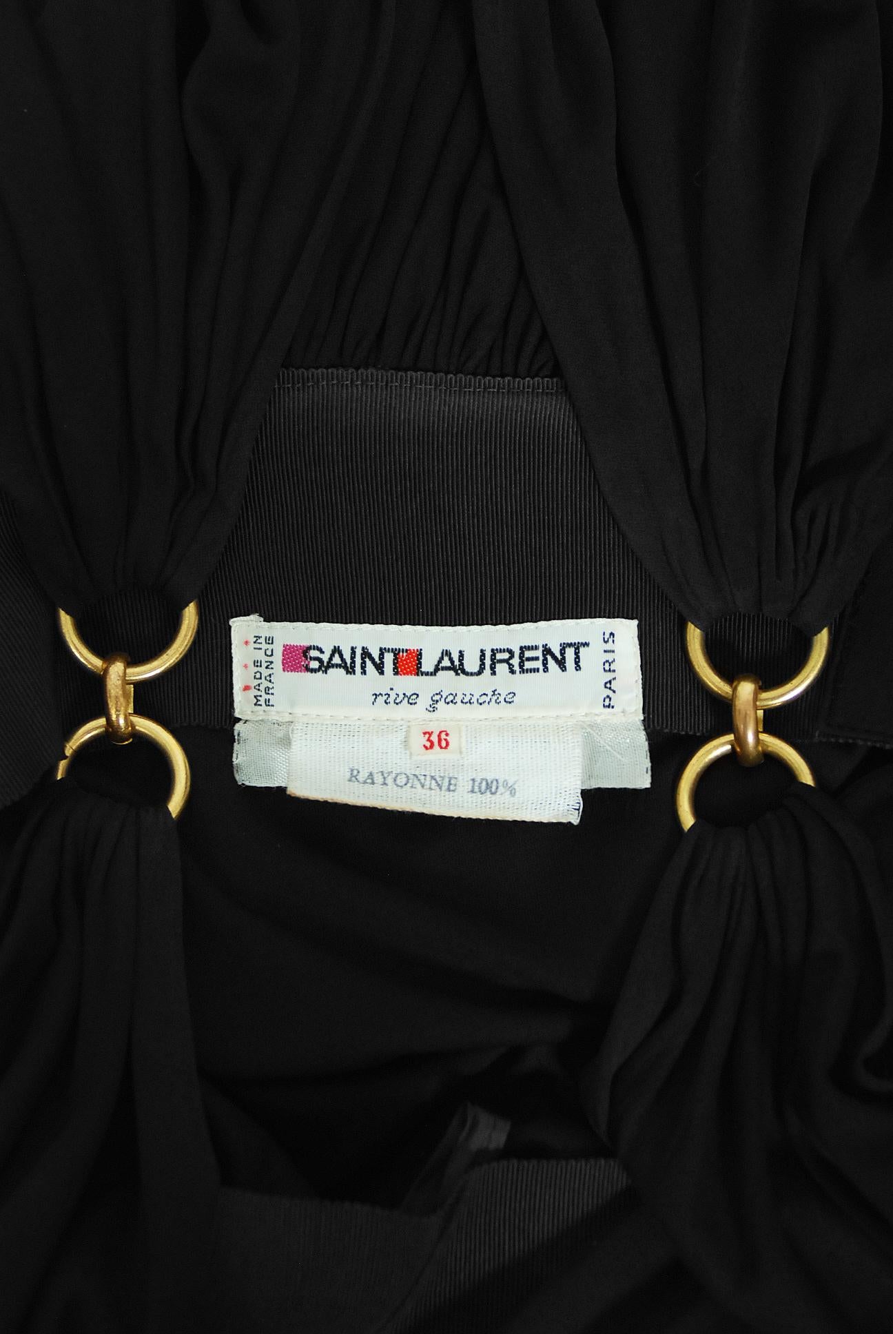 Vintage 1975 Yves Saint Laurent Rive Gauche Black Jersey Gold-Links Plunge Gown 7