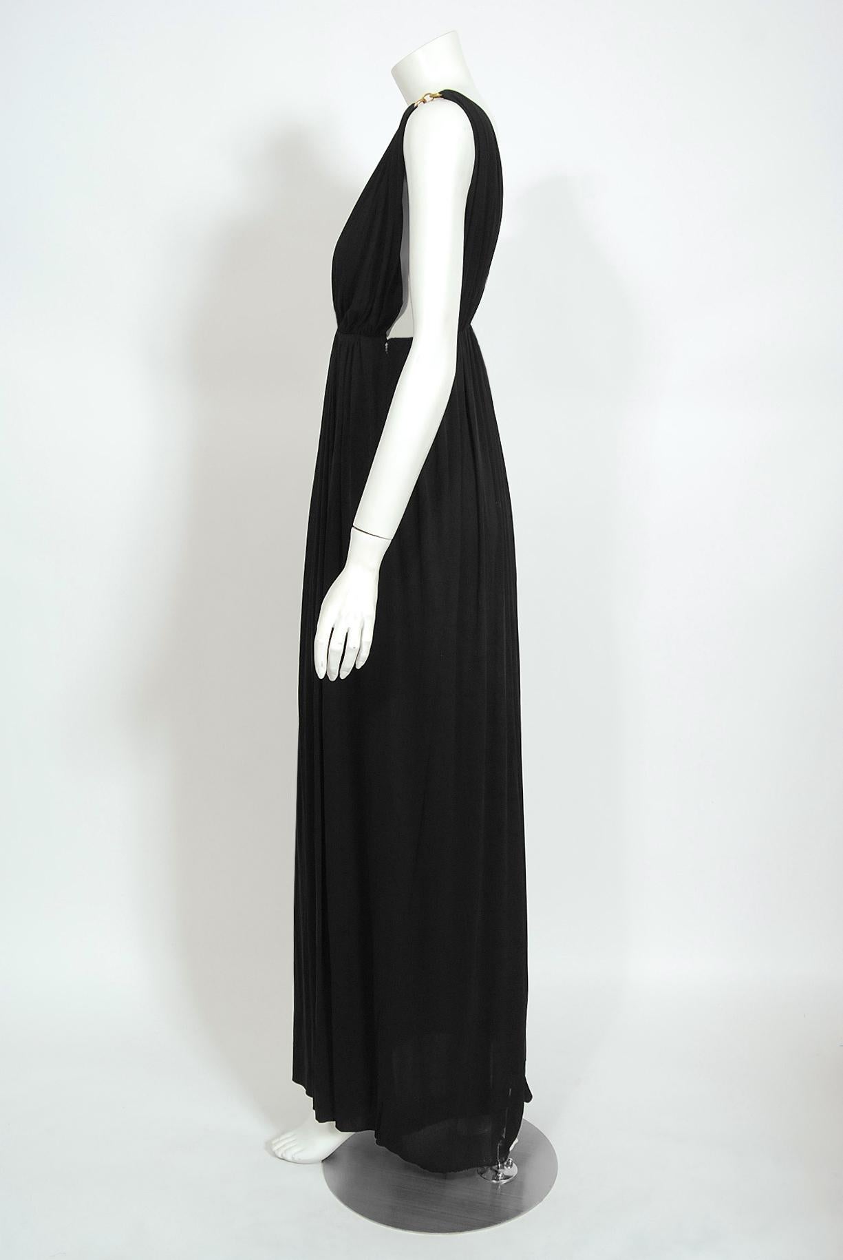 Women's Vintage 1975 Yves Saint Laurent Rive Gauche Black Jersey Gold-Links Plunge Gown