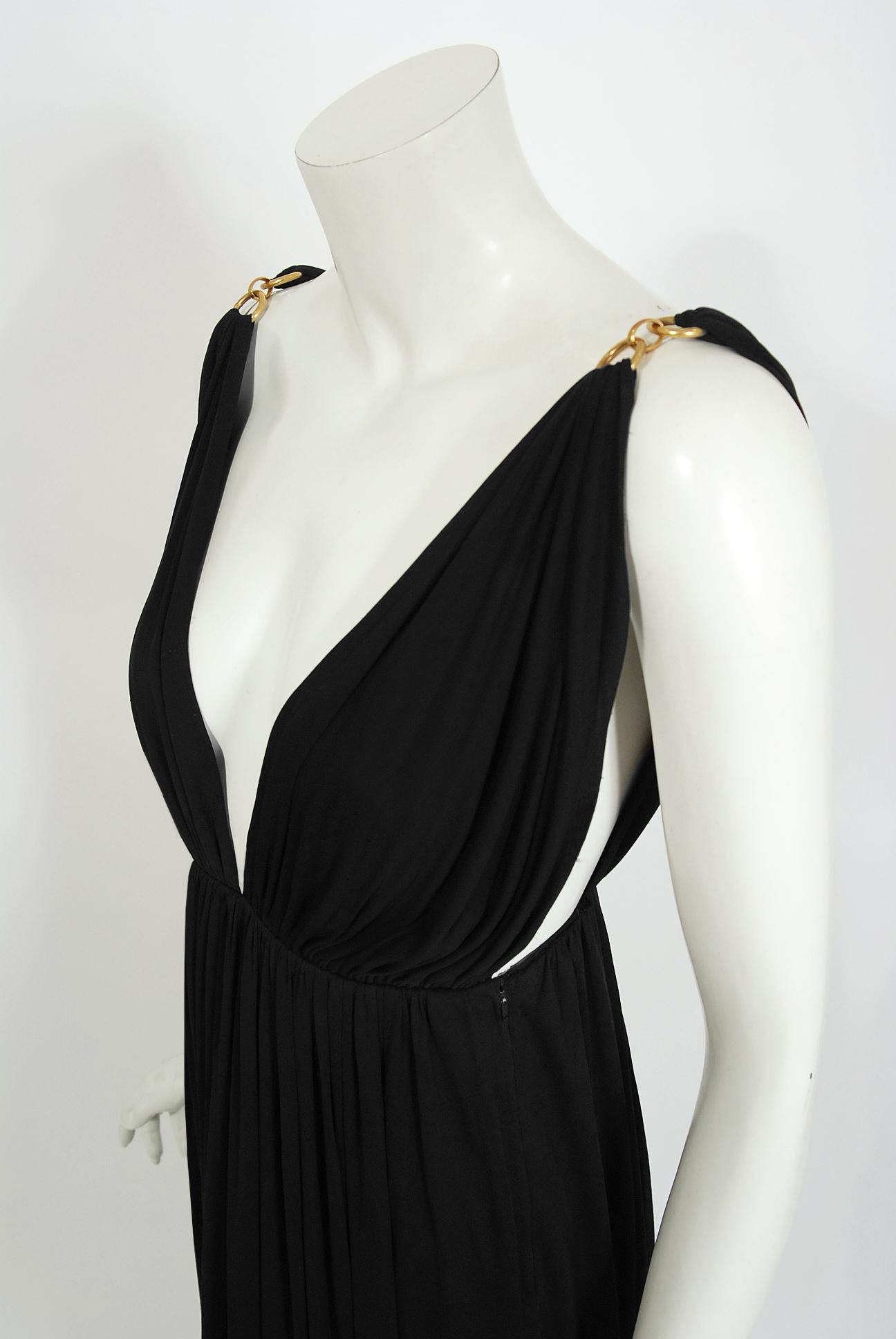 Vintage 1975 Yves Saint Laurent Rive Gauche Black Jersey Gold-Links Plunge Gown 1