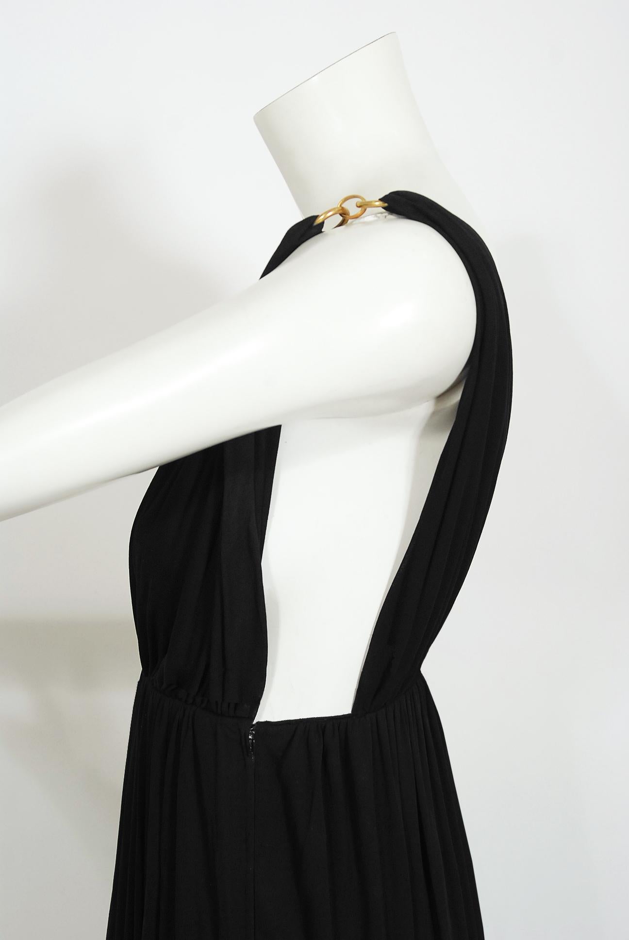 Vintage 1975 Yves Saint Laurent Rive Gauche Black Jersey Gold-Links Plunge Gown 2