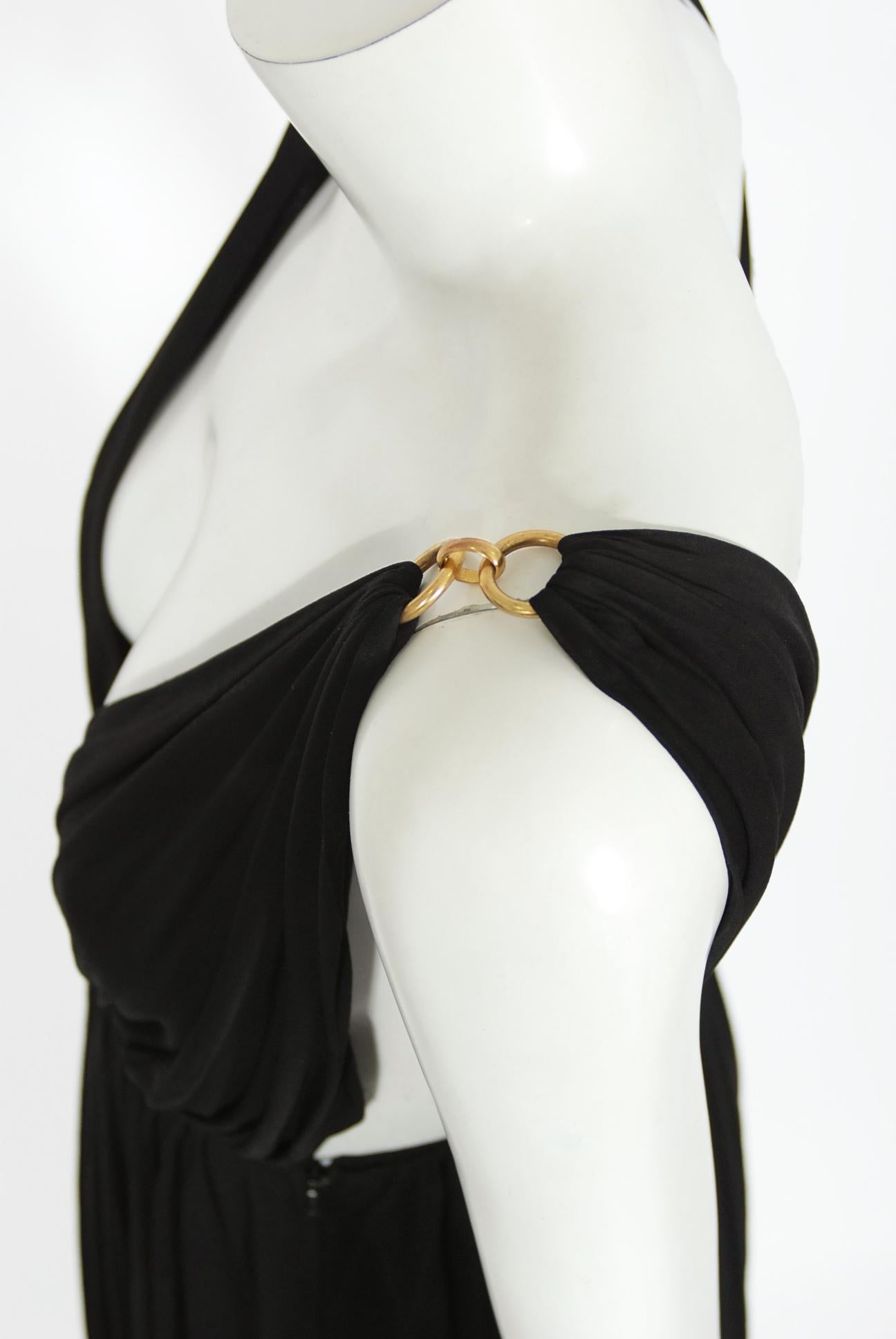 Vintage 1975 Yves Saint Laurent Rive Gauche Black Jersey Gold-Links Plunge Gown 3