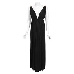 Vintage 1975 Yves Saint Laurent Rive Gauche Schwarzer Jersey Gold-Links Tiefseekleid