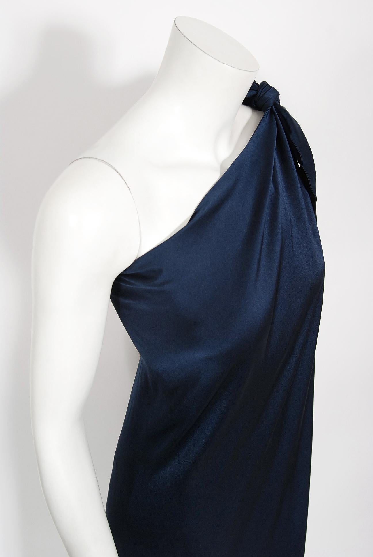 Vintage 1976 Halston Couture Navy Silk Draped One-Shoulder Wrap Goddess Gown 5