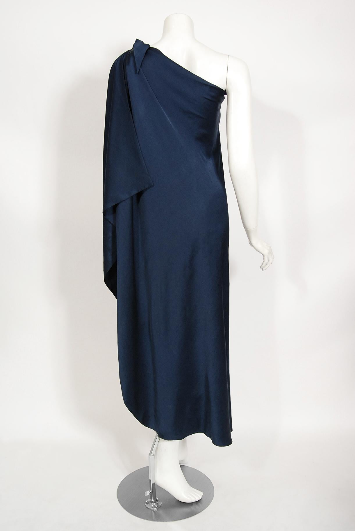 Vintage 1976 Halston Couture Navy Silk Draped One-Shoulder Wrap Goddess Gown 6