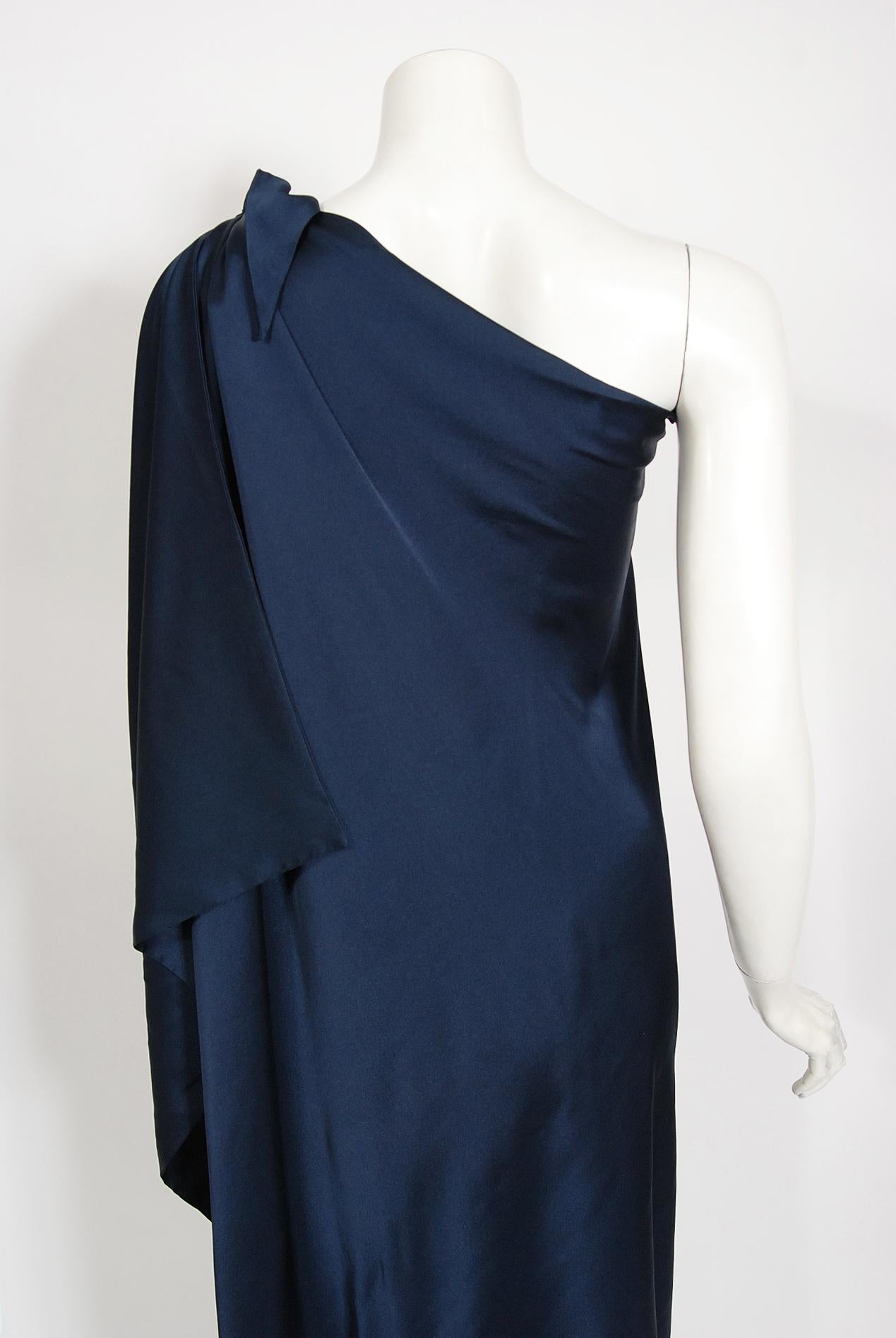 Vintage 1976 Halston Couture Navy Silk Draped One-Shoulder Wrap Goddess Gown 7