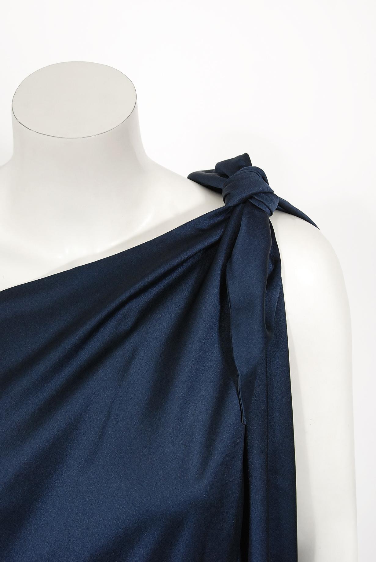 Black Vintage 1976 Halston Couture Navy Silk Draped One-Shoulder Wrap Goddess Gown