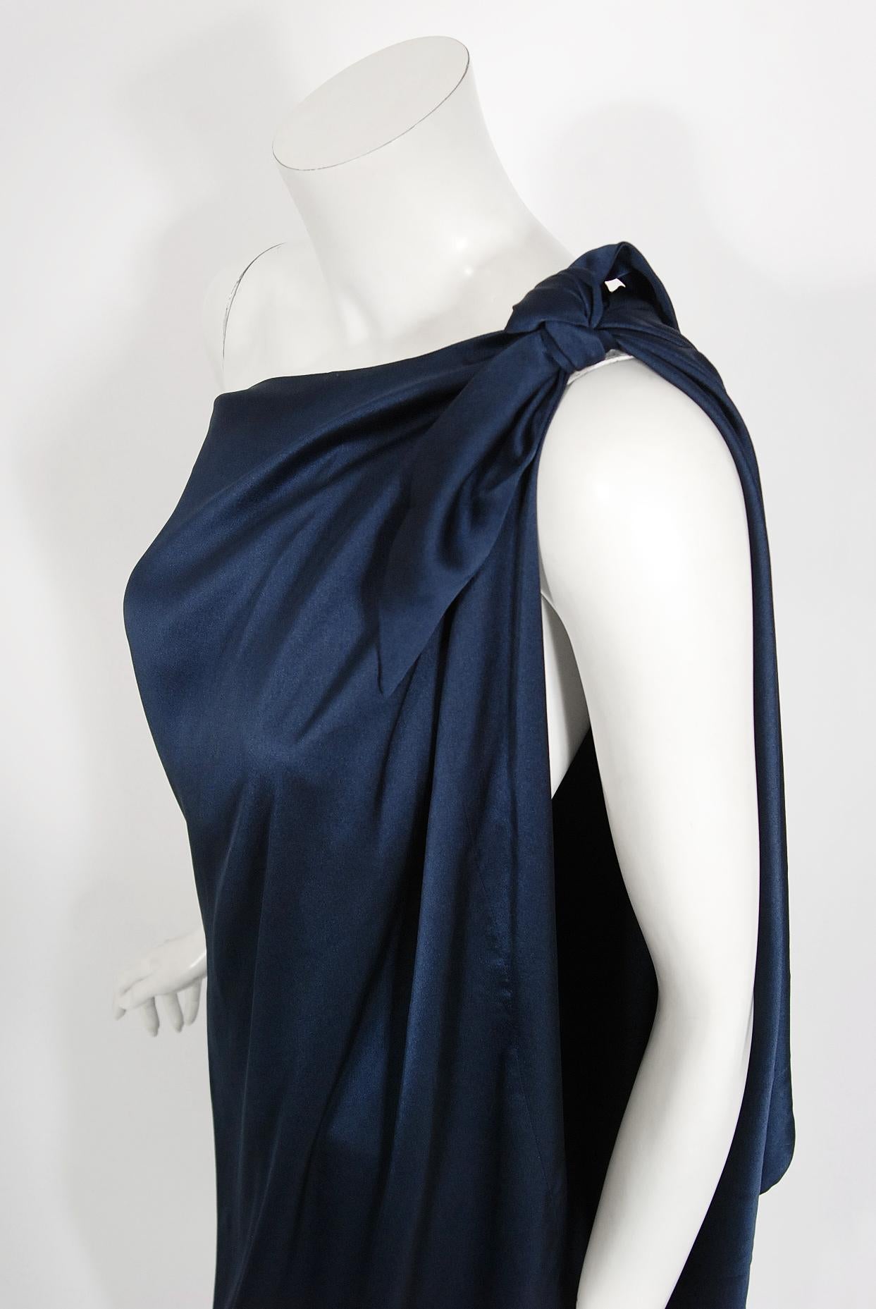 Women's Vintage 1976 Halston Couture Navy Silk Draped One-Shoulder Wrap Goddess Gown