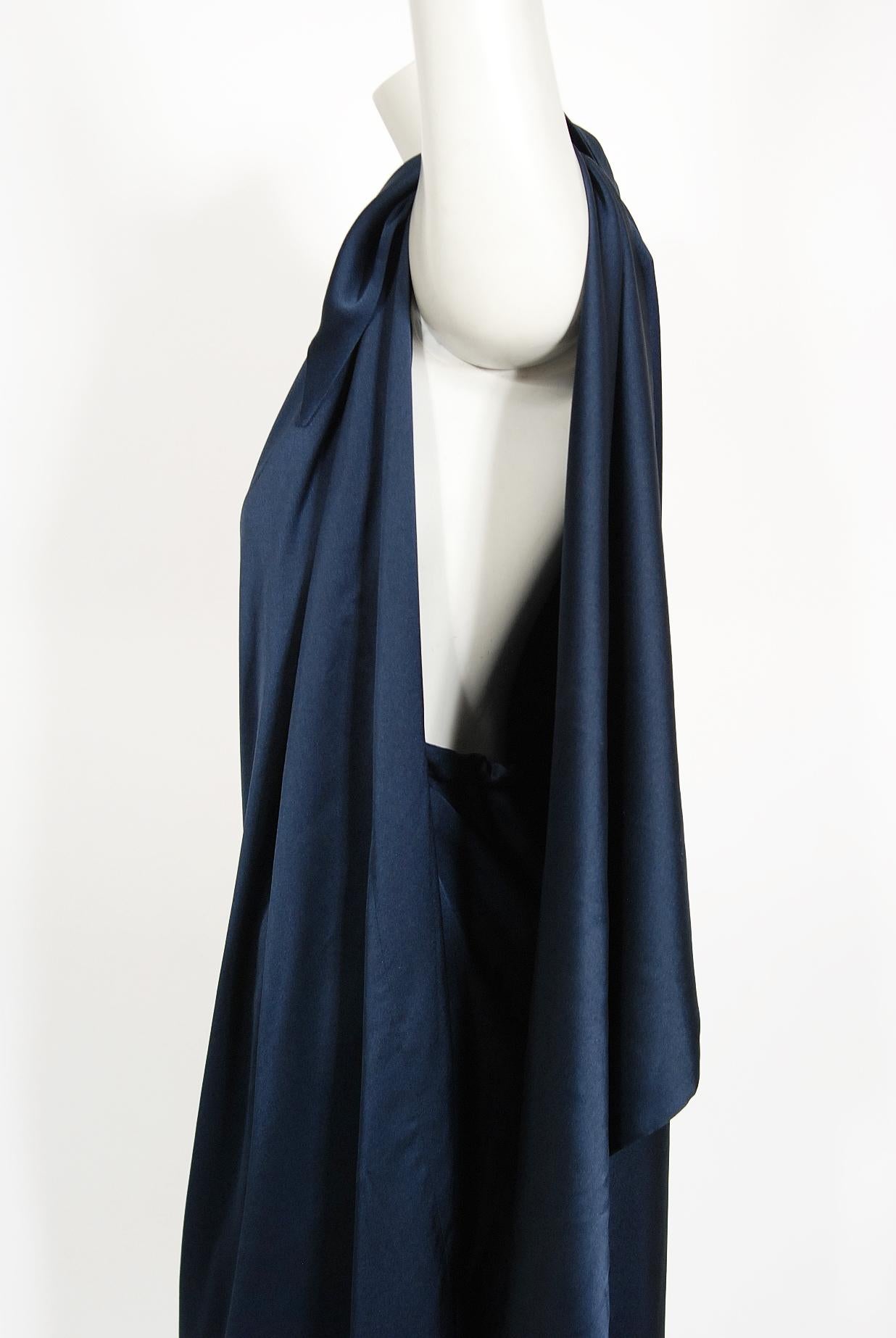 Vintage 1976 Halston Couture Navy Silk Draped One-Shoulder Wrap Goddess Gown 1