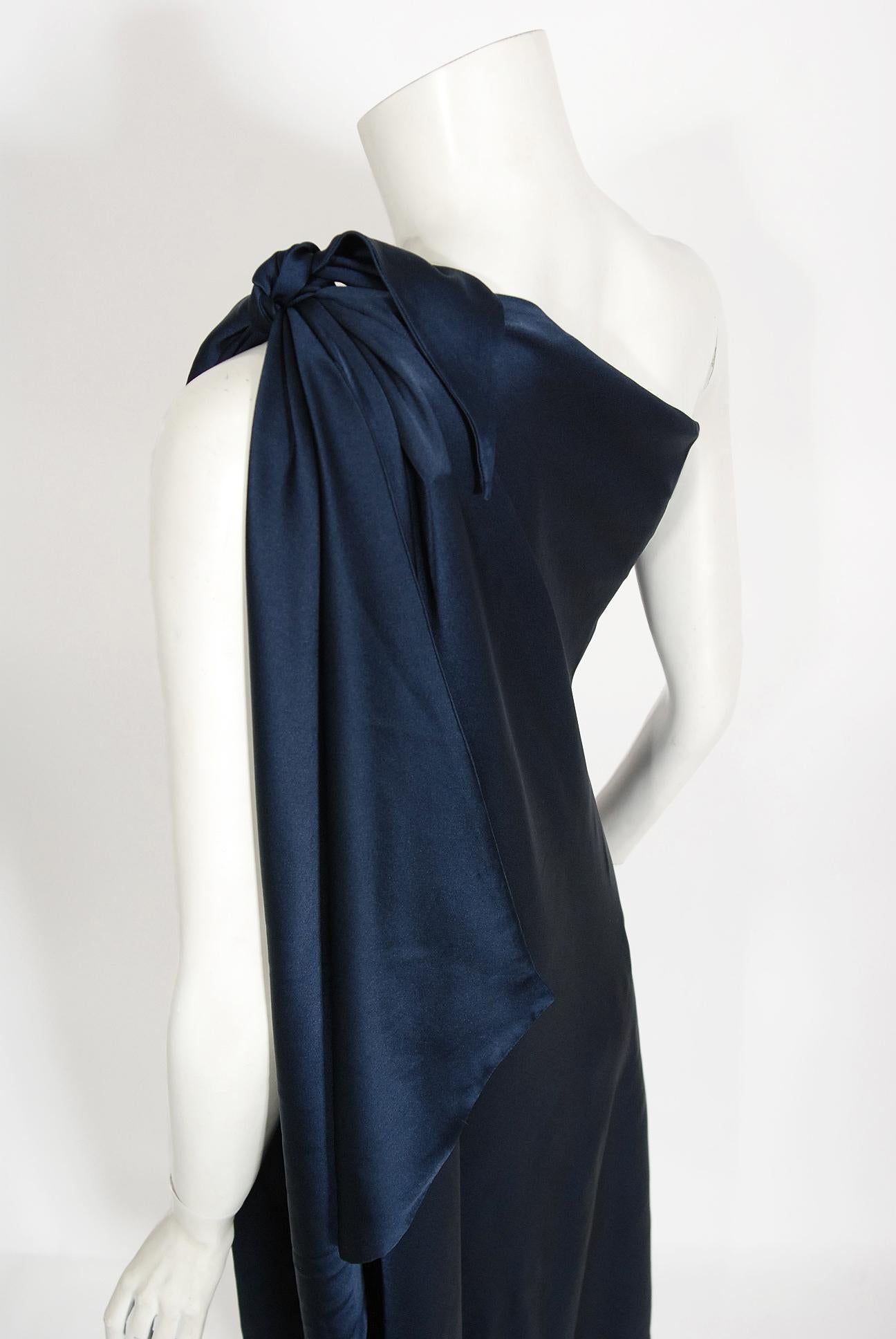 Vintage 1976 Halston Couture Navy Silk Draped One-Shoulder Wrap Goddess Gown 2