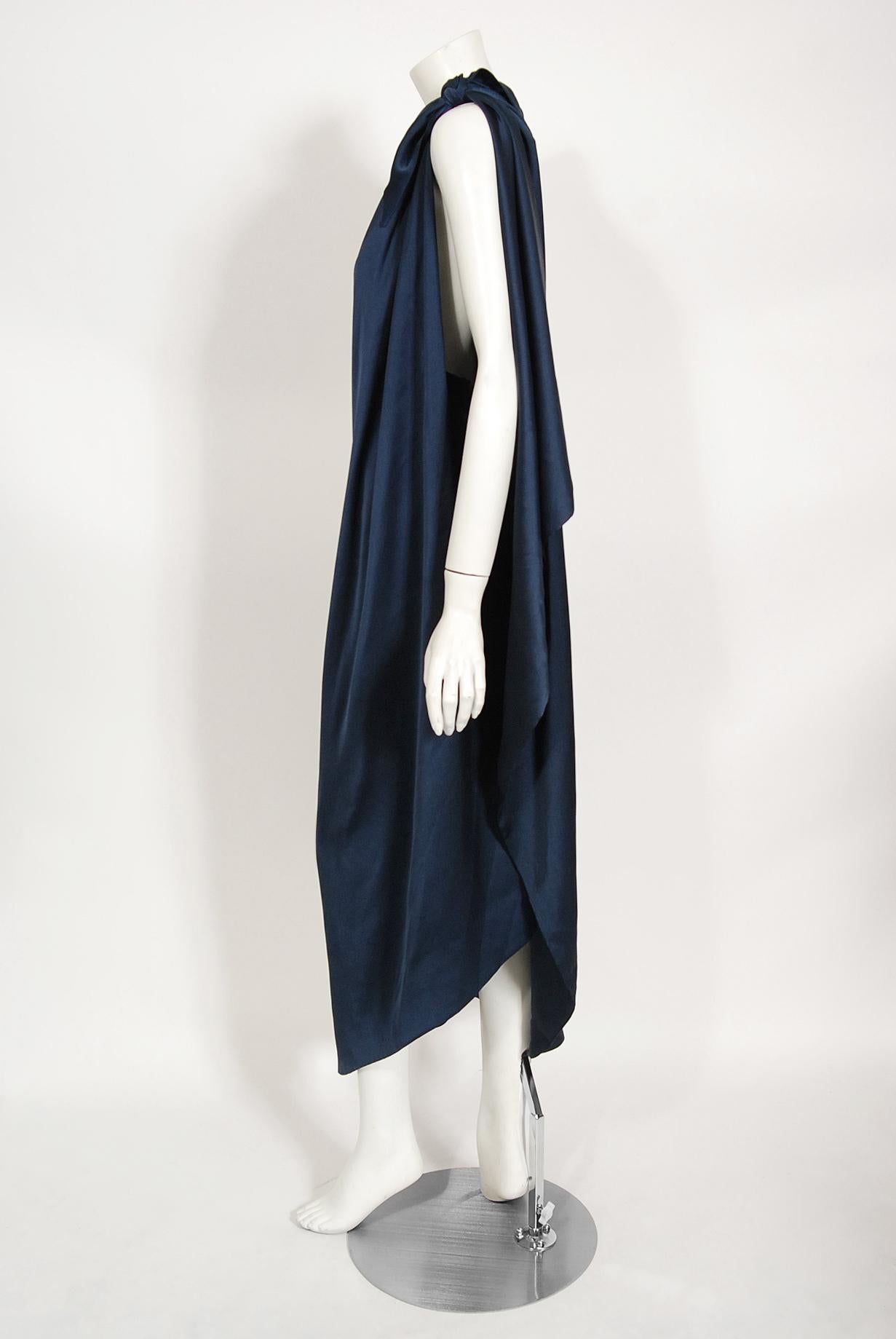 Vintage 1976 Halston Couture Navy Silk Draped One-Shoulder Wrap Goddess Gown 3