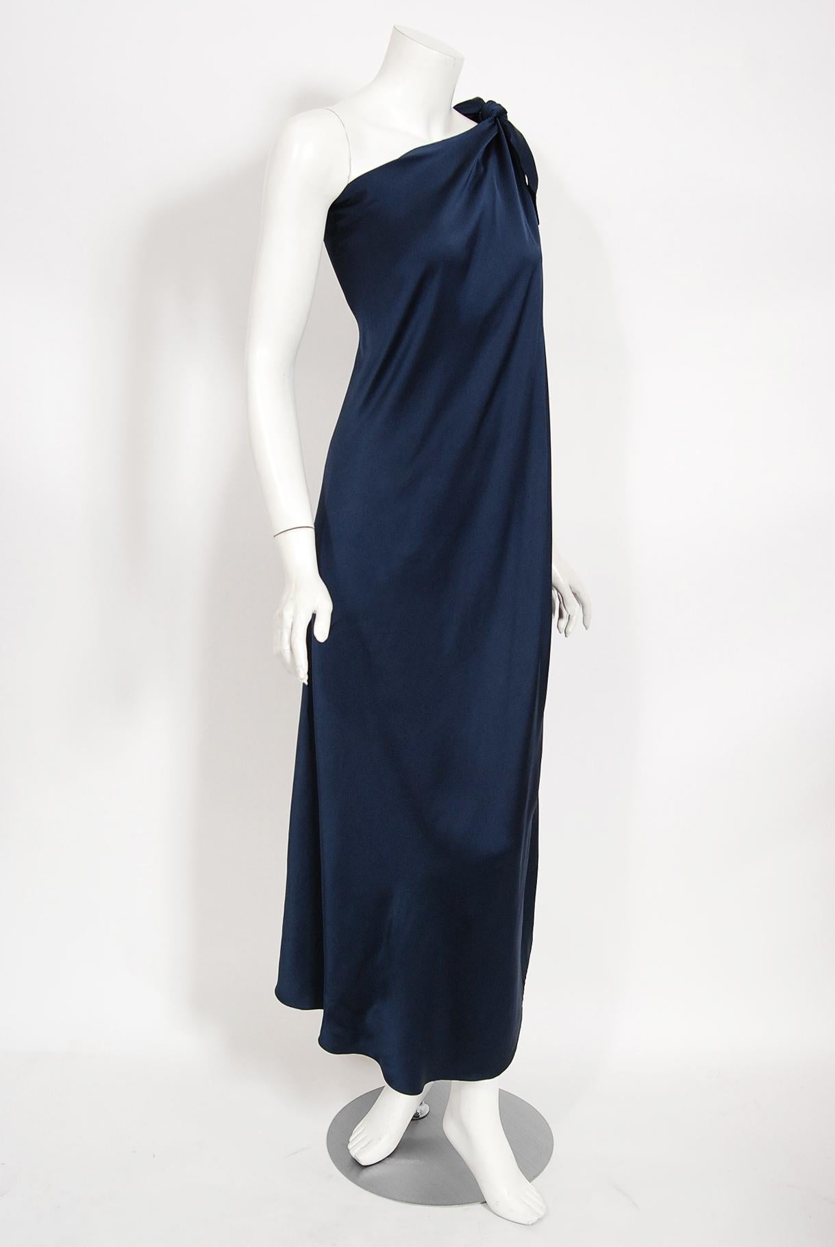 Vintage 1976 Halston Couture Navy Silk Draped One-Shoulder Wrap Goddess Gown 4