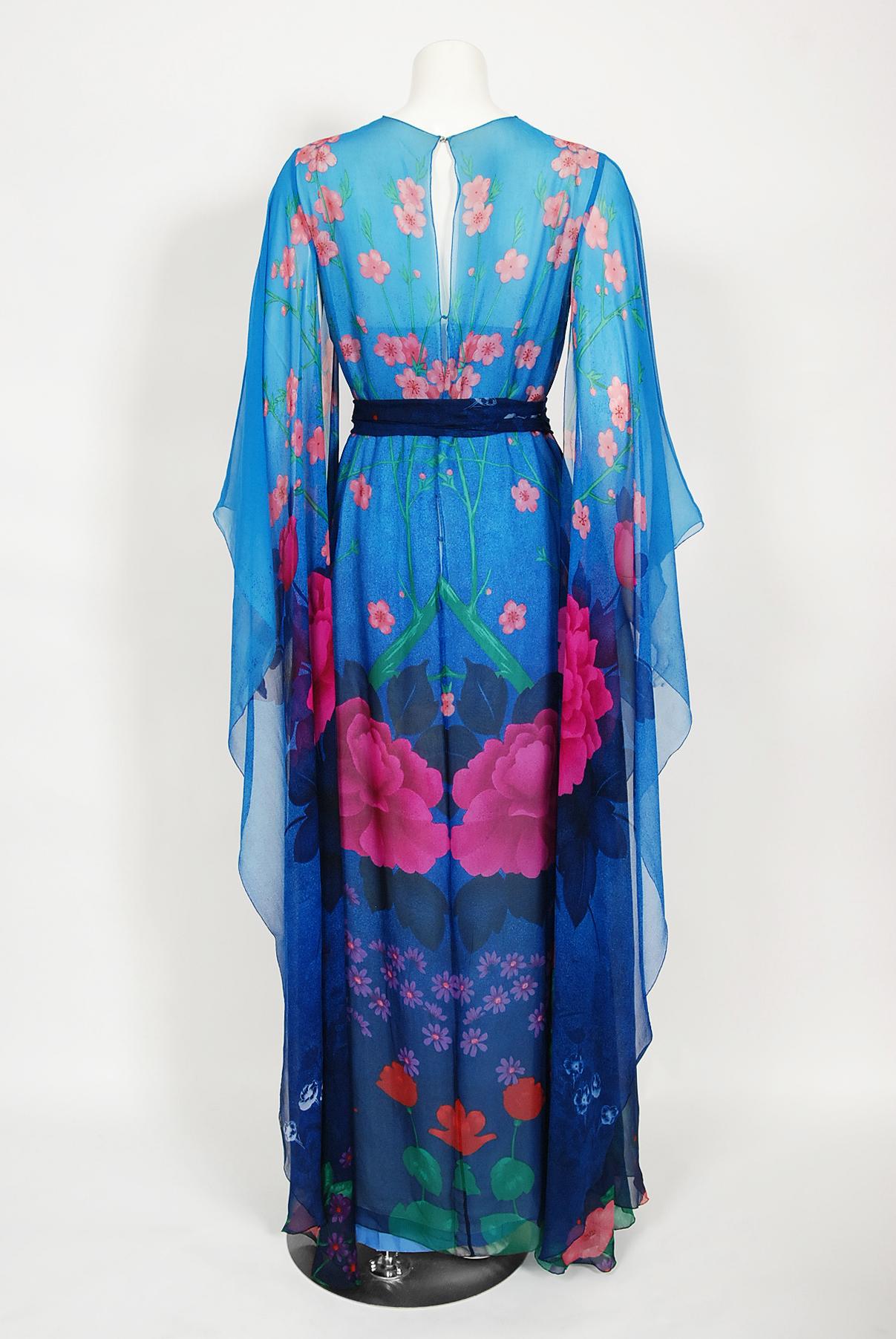 Vintage 1976 Hanae Mori Couture Floral Silk Chiffon Belted Kimono-Sleeve Gown 9
