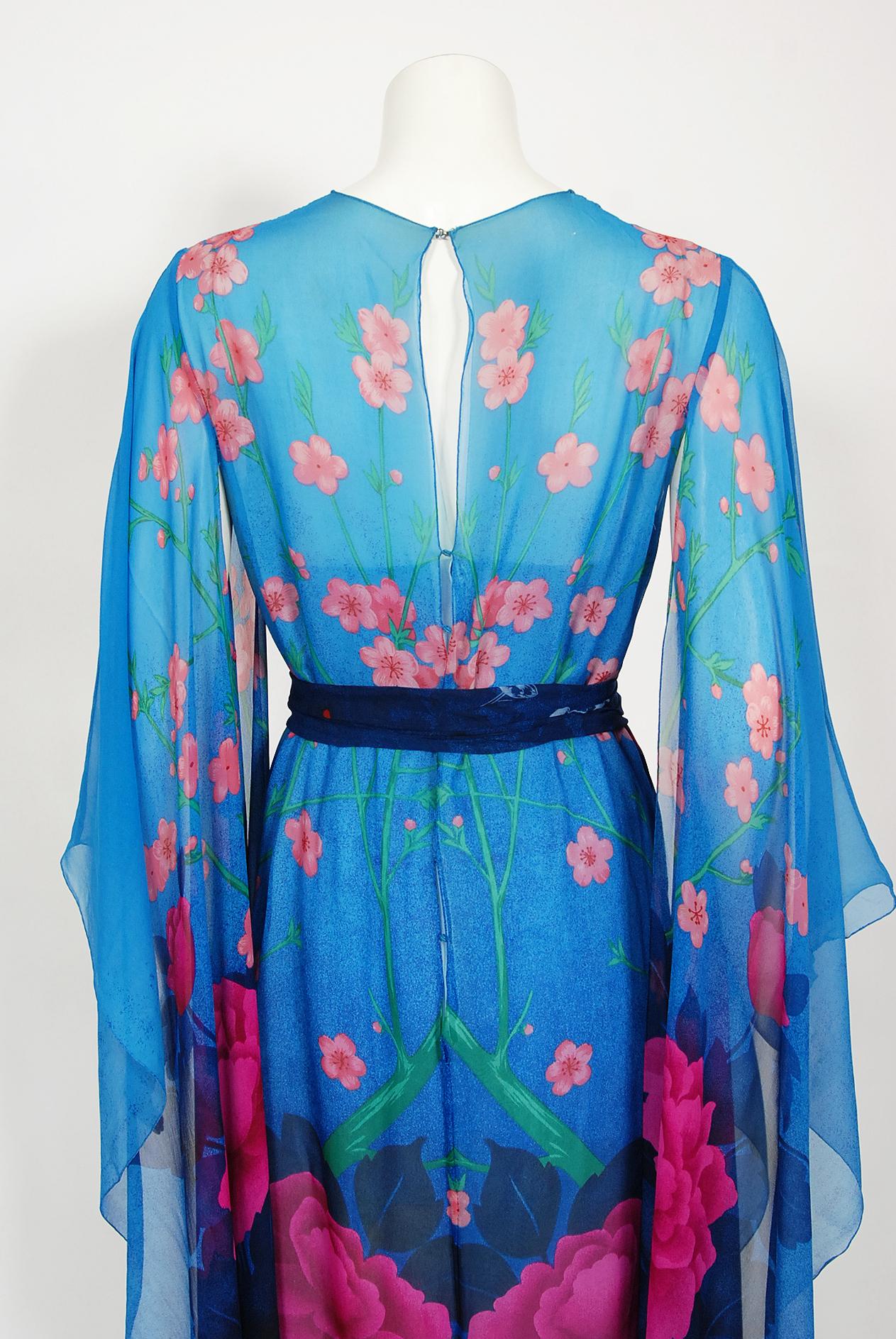 Vintage 1976 Hanae Mori Couture Floral Silk Chiffon Belted Kimono-Sleeve Gown 10