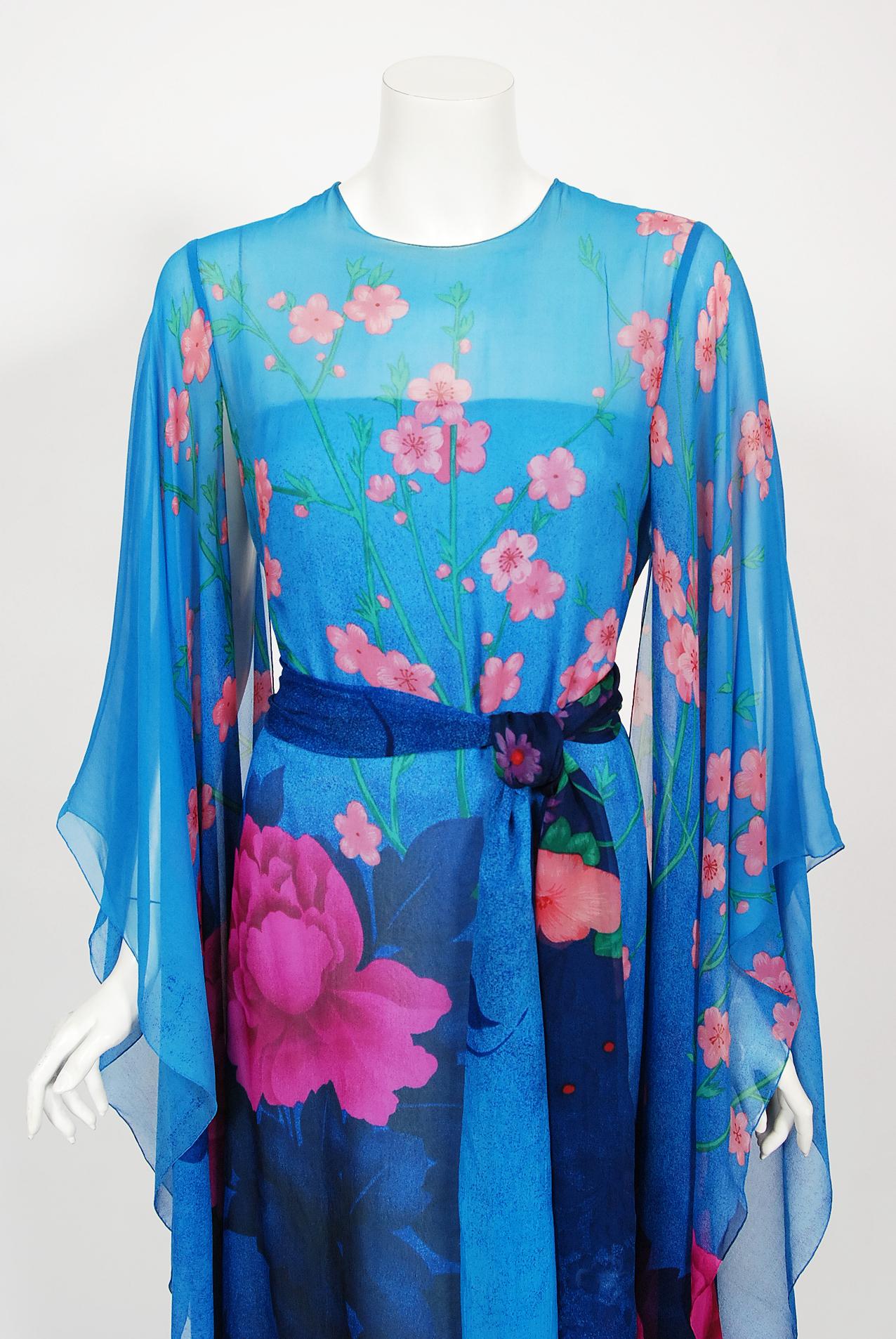 An iconic and instantly recognizable Hanae Mori couture kimono-sleeve gown dating back to her 1975-76 collection. Whilst on a Paris holiday in 1960, Mori had a fateful fitting with Coco Chanel. She claimed this meeting changed her life and she