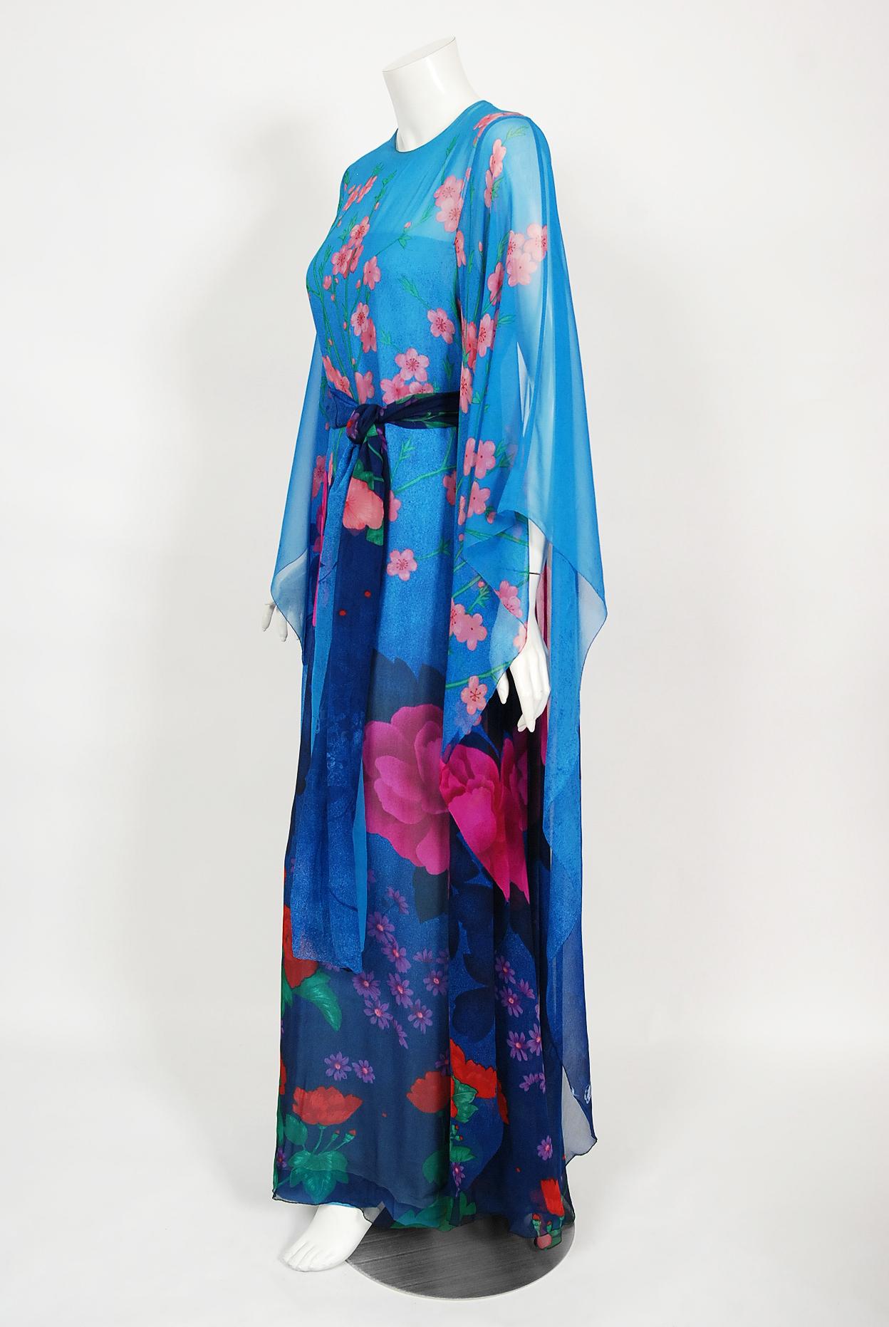 Blue Vintage 1976 Hanae Mori Couture Floral Silk Chiffon Belted Kimono-Sleeve Gown
