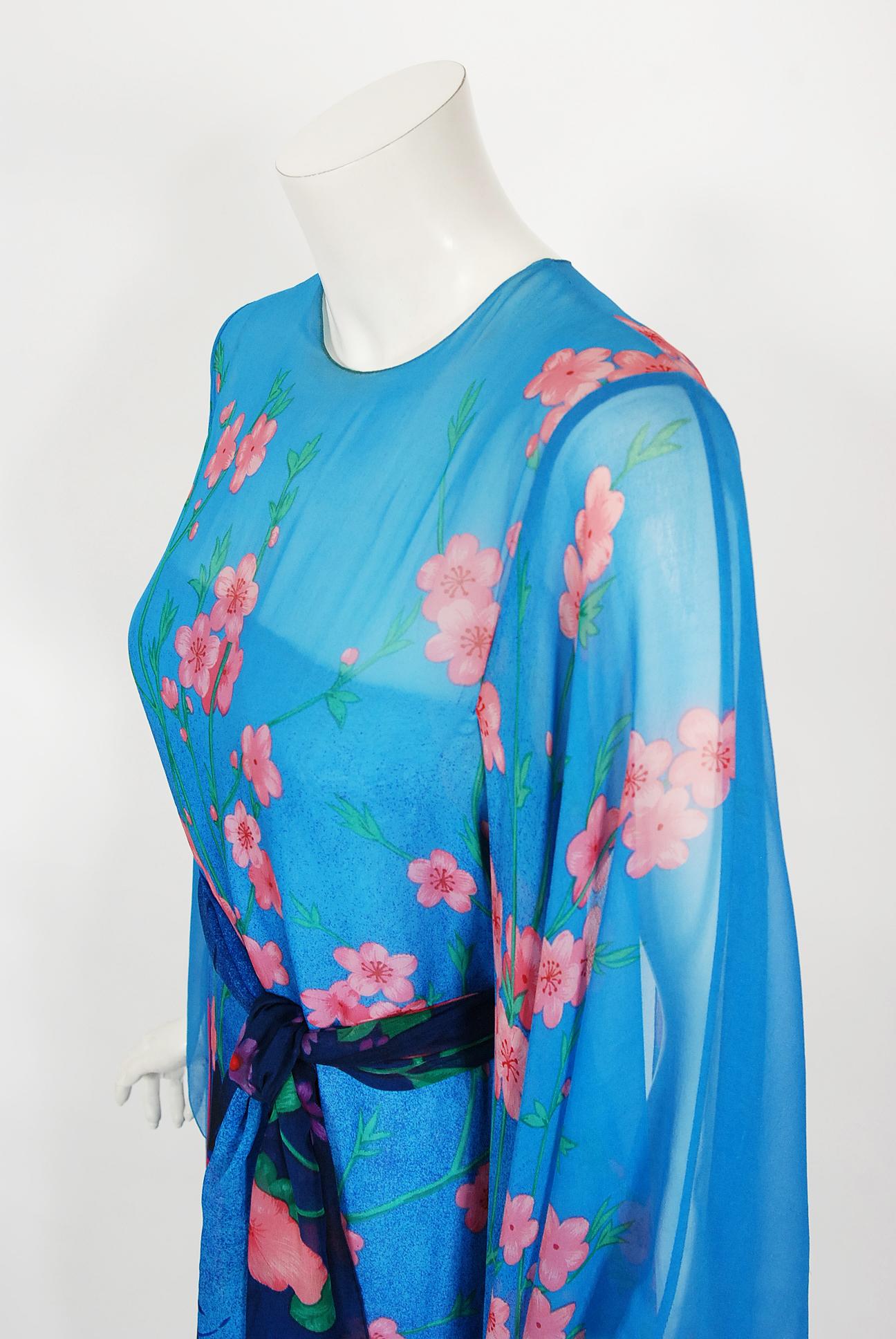 Vintage 1976 Hanae Mori Couture Floral Silk Chiffon Belted Kimono-Sleeve Gown In Good Condition In Beverly Hills, CA