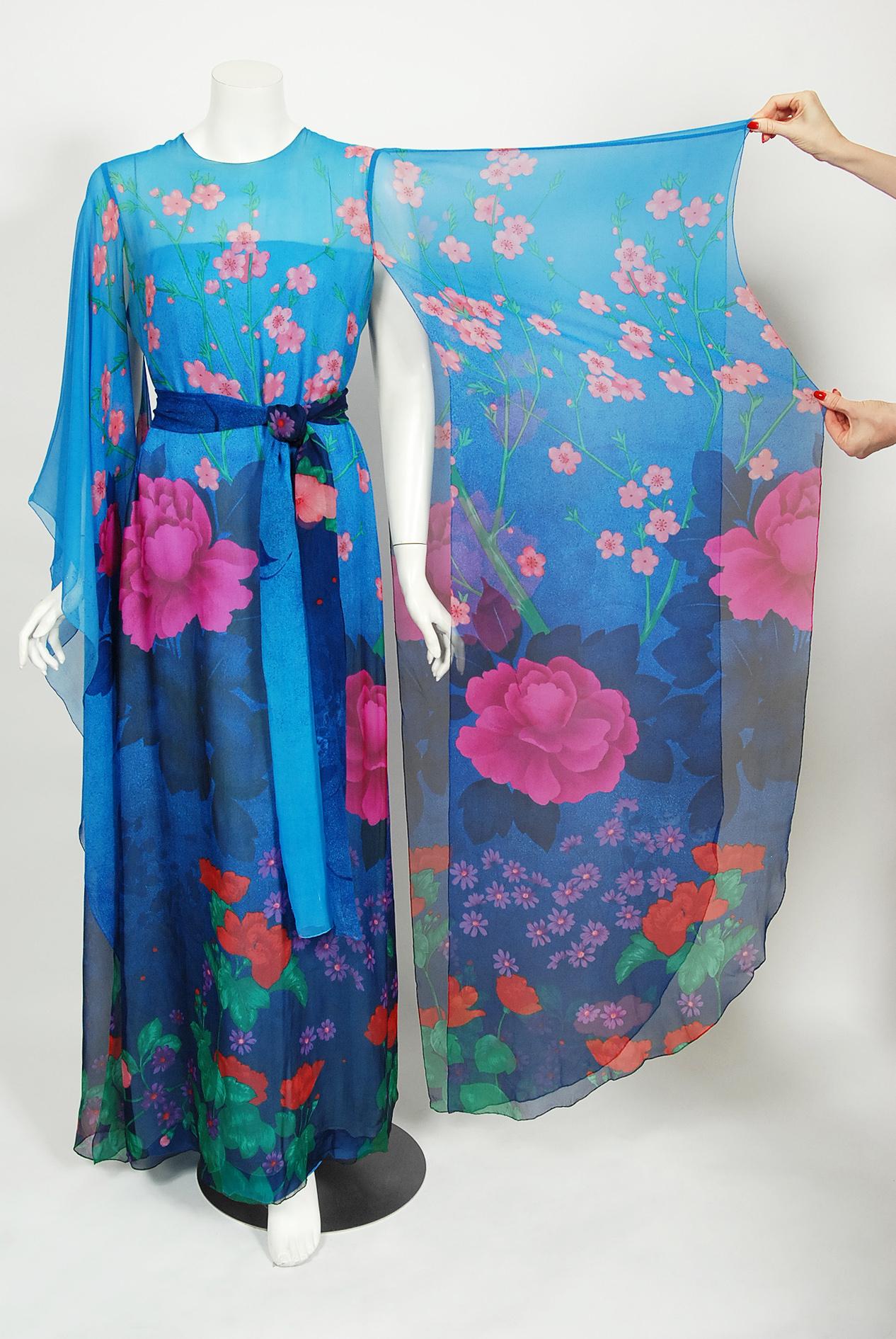 Vintage 1976 Hanae Mori Couture Floral Silk Chiffon Belted Kimono-Sleeve Gown 1