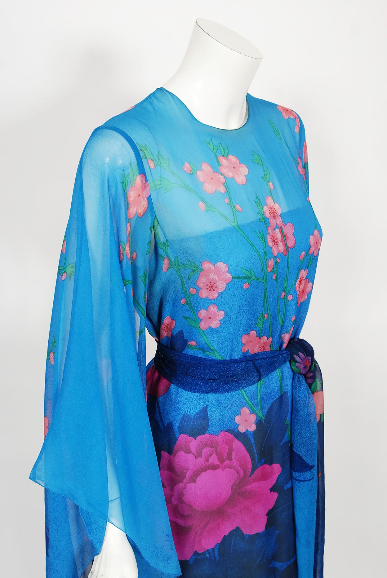 Vintage 1976 Hanae Mori Couture Floral Silk Chiffon Belted Kimono-Sleeve Gown 2