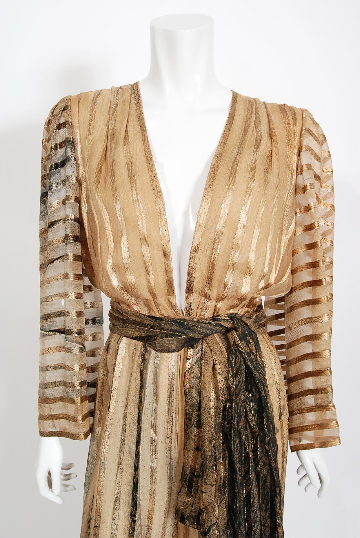 Brown Vintage 1976 Pauline Trigere Documented Metallic Bronze Silk Low-Plunge Jumpsuit