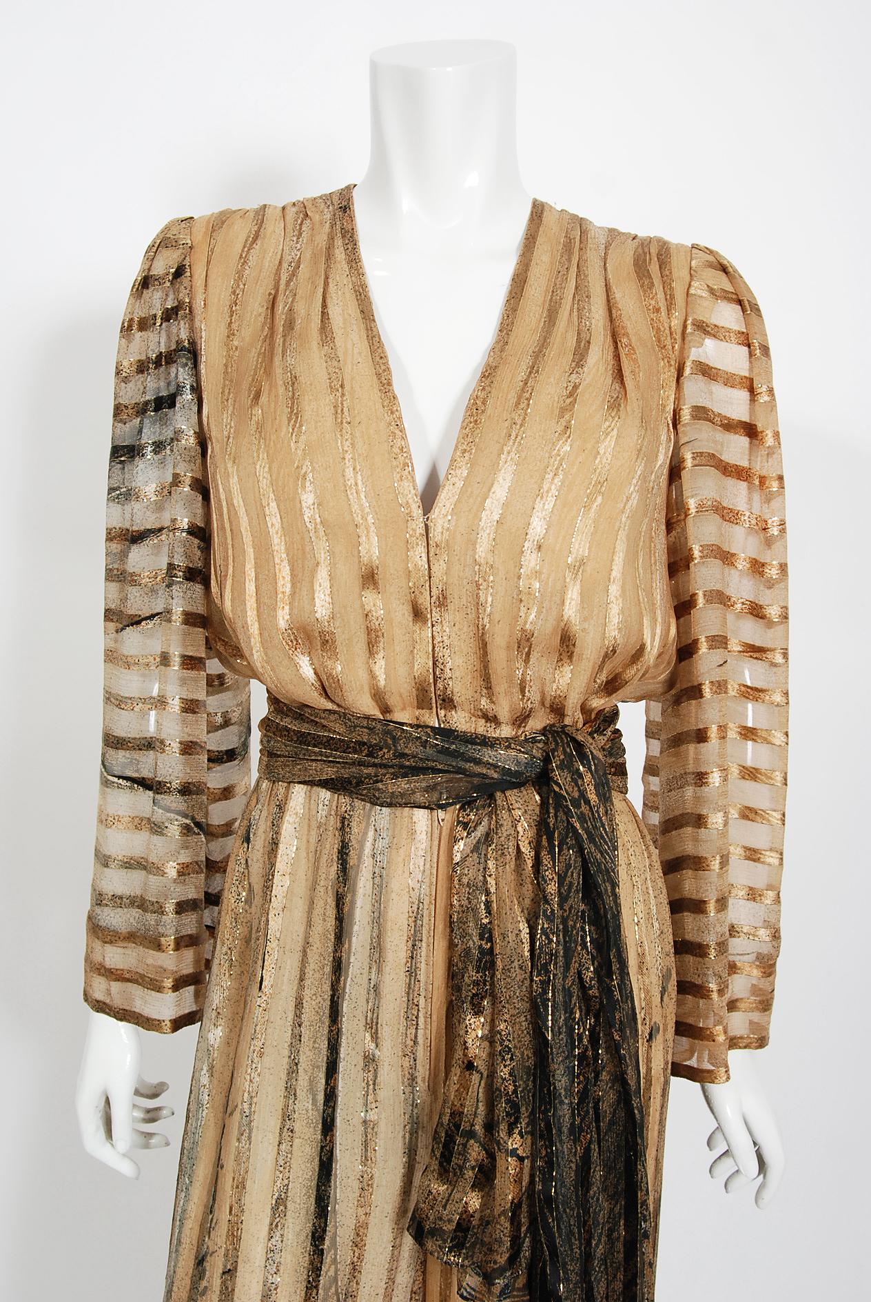 Vintage 1976 Pauline Trigere Documented Metallic Bronze Silk Low-Plunge Jumpsuit In Good Condition In Beverly Hills, CA