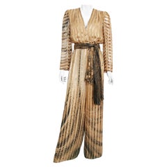 Vintage 1976 Pauline Trigere Documented Metallic Bronze Silk Low-Plunge Jumpsuit