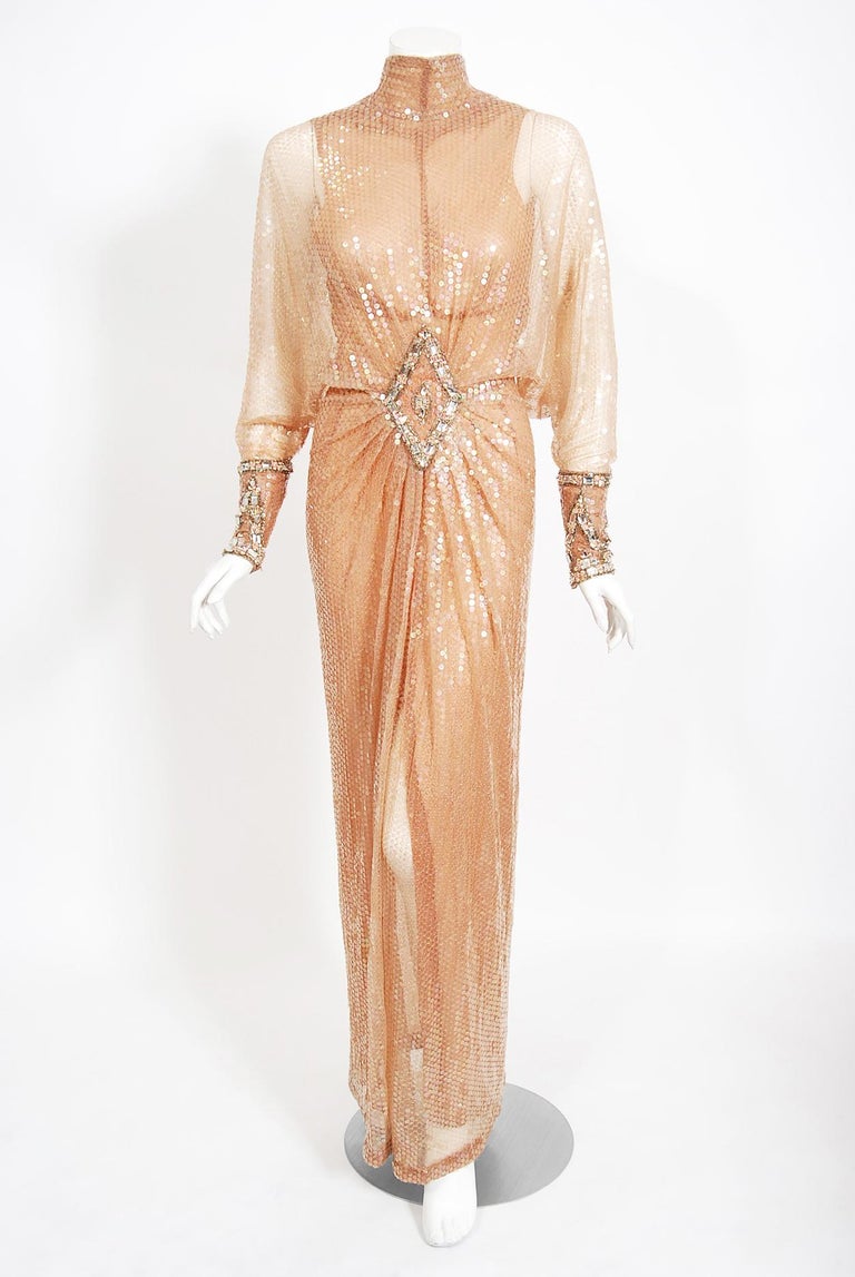 Beige Vintage 1976 Sonny & Cher Documented Custom-Made Bob Mackie Sequin Gown Suit Set For Sale
