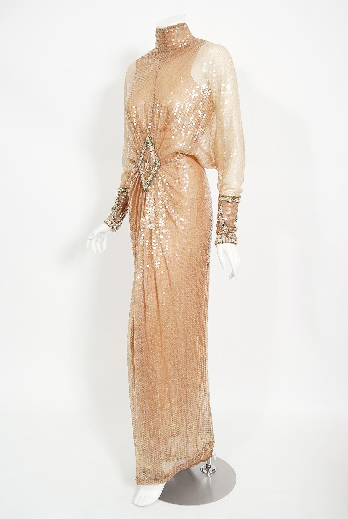 Beige Vintage 1976 Sonny & Cher Documented Custom-Made Bob Mackie Sequin Gown Suit Set