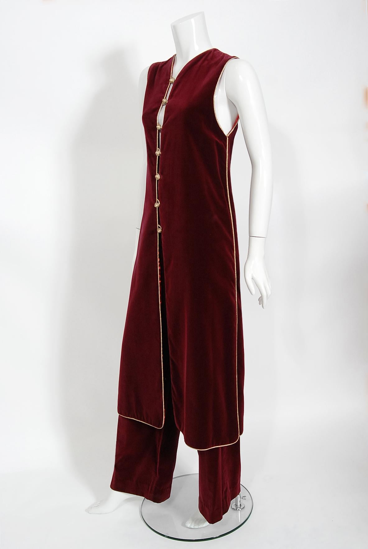 Black Vintage 1976 Yves Saint Laurent Russian Collection Burgundy Velvet Vest & Pants 