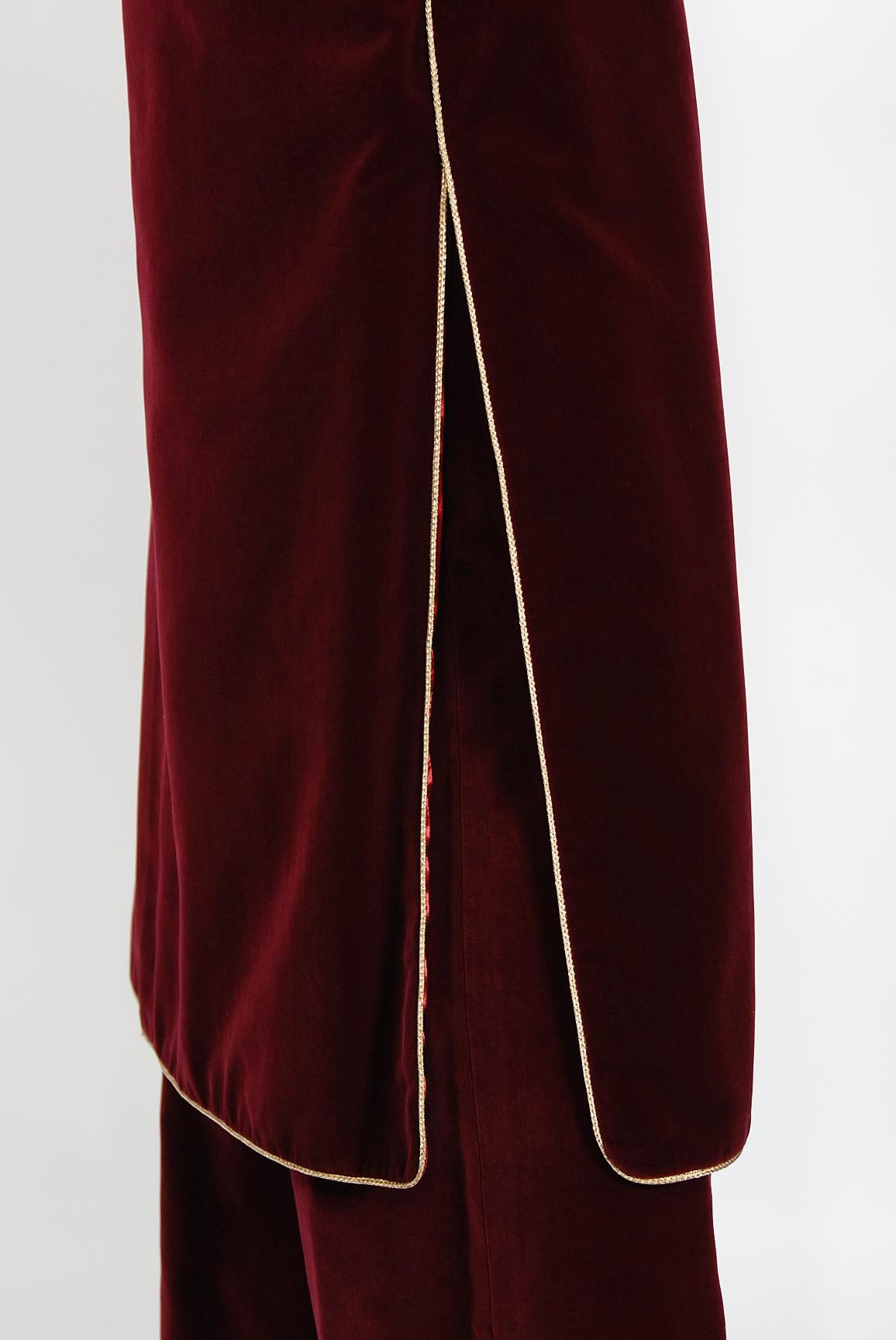 Vintage 1976 Yves Saint Laurent Russian Collection Burgundy Velvet Vest & Pants  In Good Condition In Beverly Hills, CA