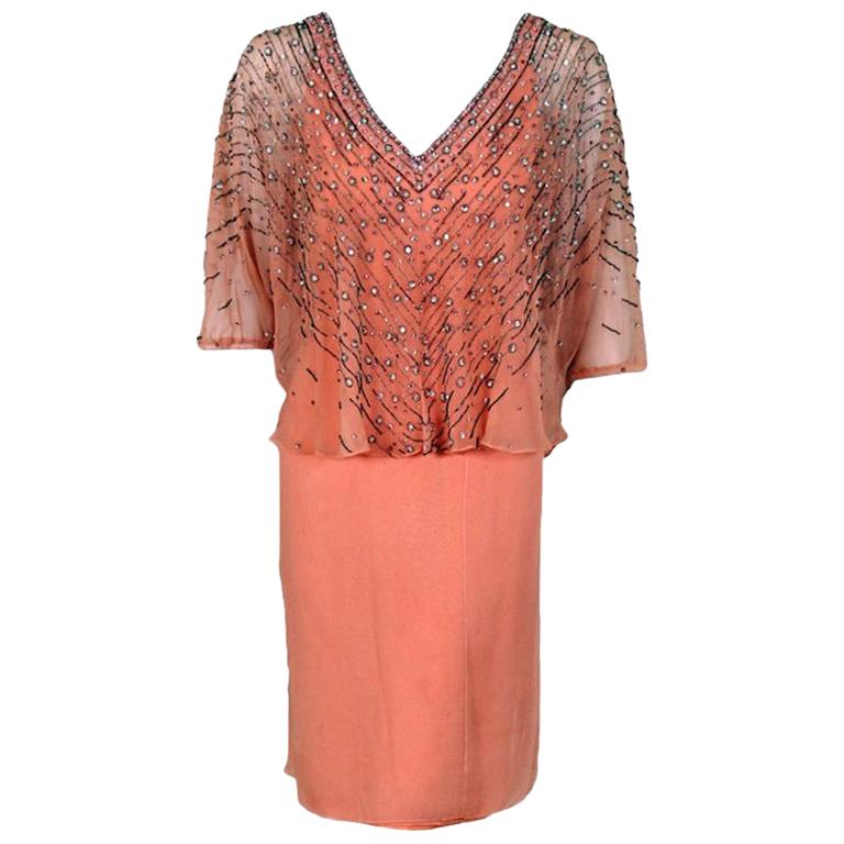 Vintage 1977 Christian Dior Haute Couture Beaded Sequin Peach Silk Capelet Dress
