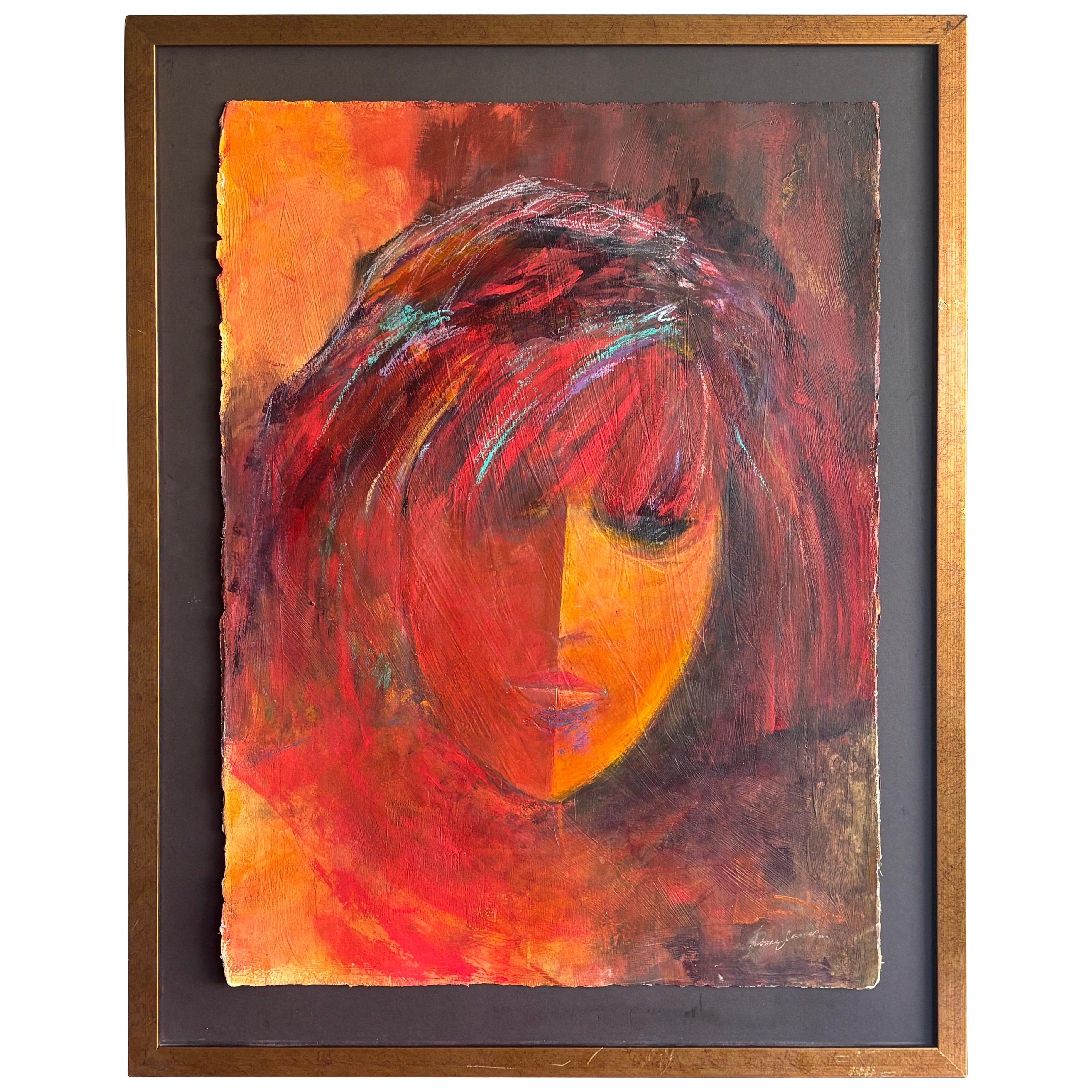 Vintage 1977 Cubist Portrait Painting of Woman - Signed Abstract Figurative