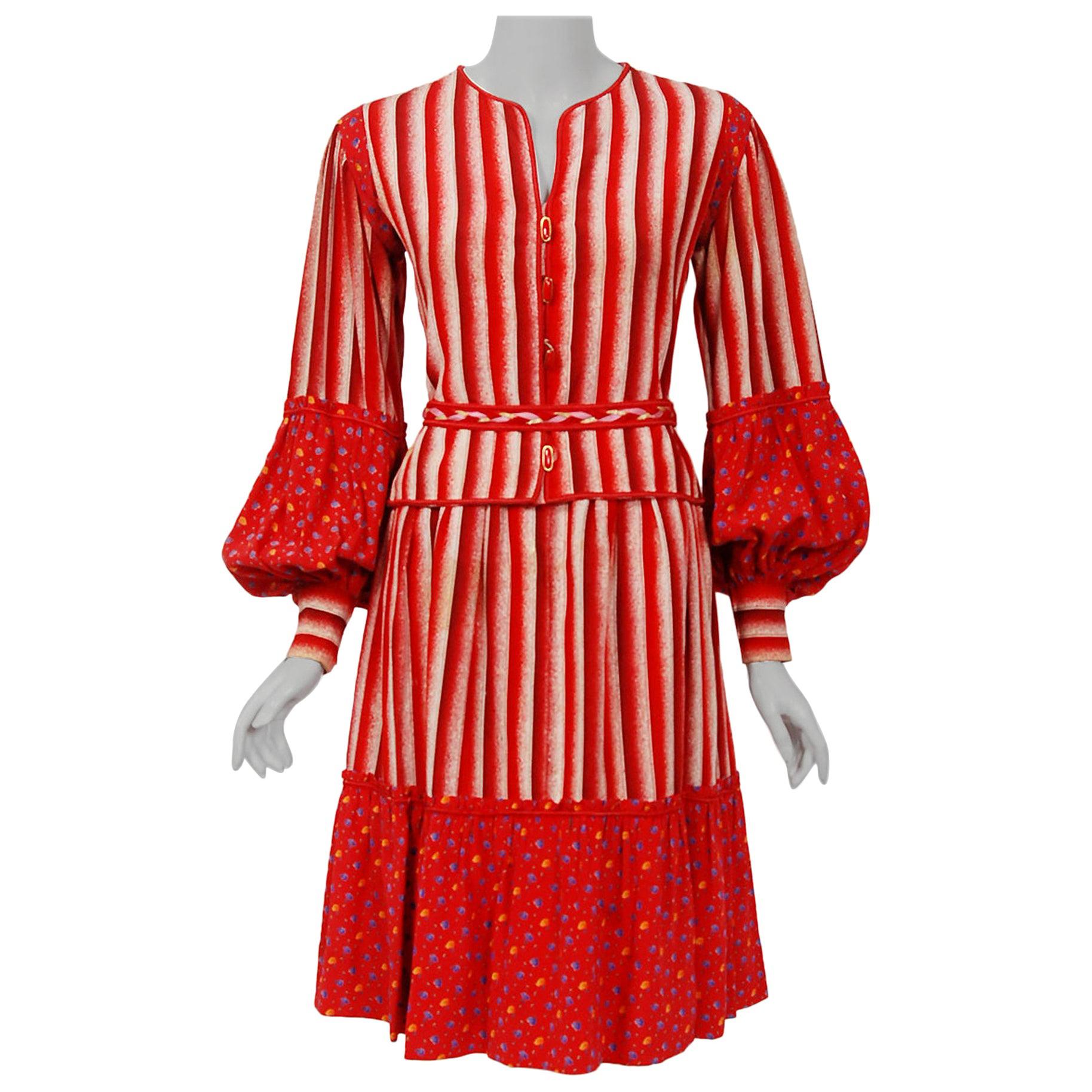 Vintage 1977 Emanuel Ungaro Haute Couture Red Floral Stripe Silk Blouse & Skirt