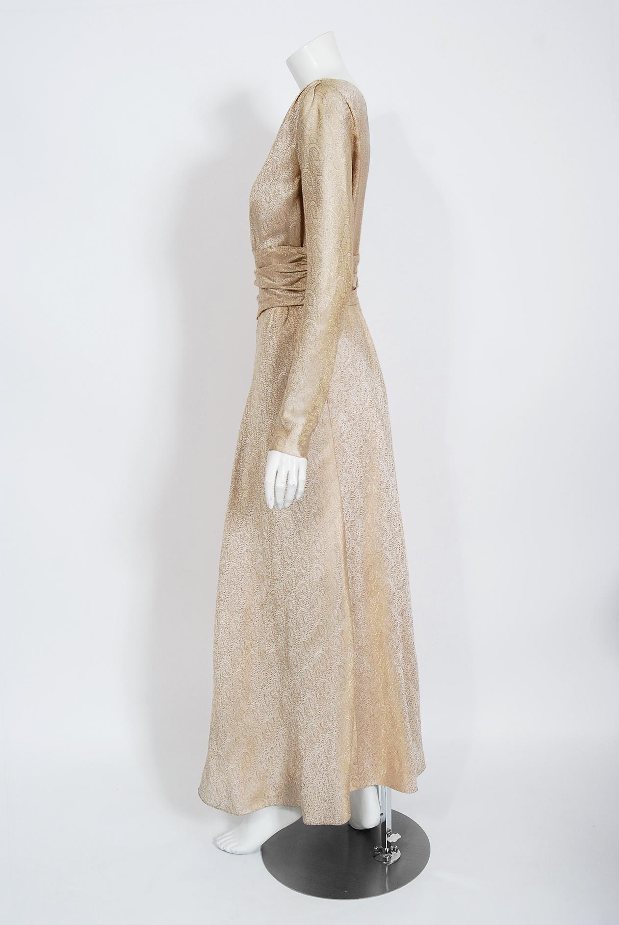 Women's Vintage 1972 Givenchy Haute Couture Metallic Gold Silk Long-Sleeve Plunge Gown