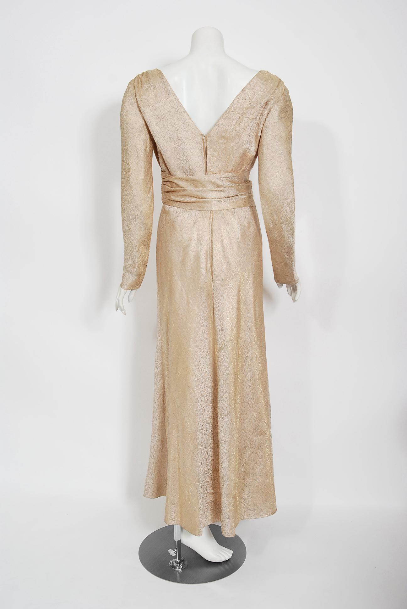 Vintage 1972 Givenchy Haute Couture Metallic Gold Silk Long-Sleeve Plunge Gown 1