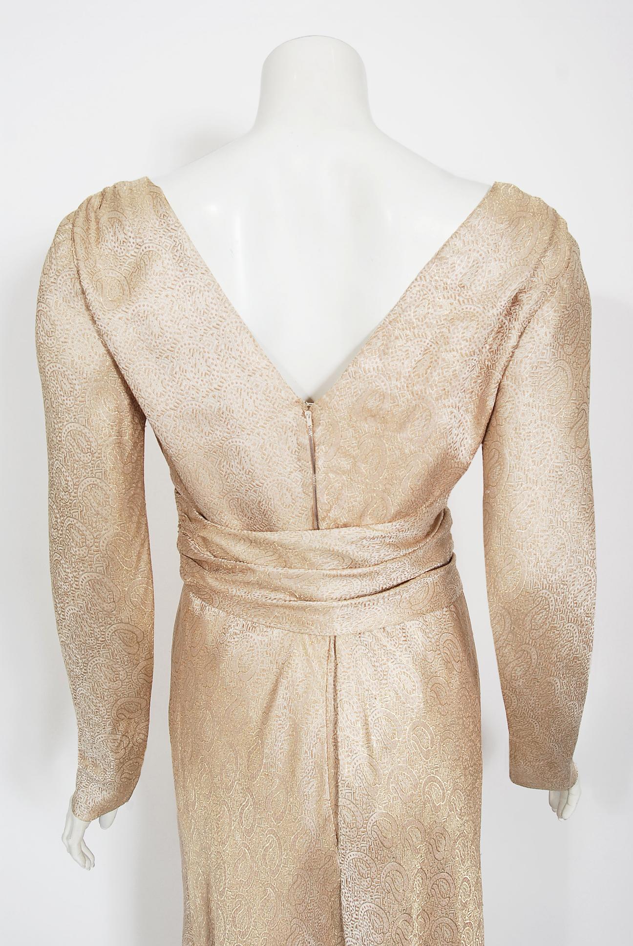 Vintage 1972 Givenchy Haute Couture Metallic Gold Silk Long-Sleeve Plunge Gown 2