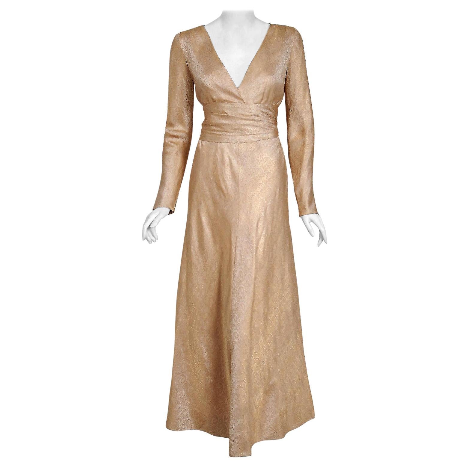 Vintage 1977 Givenchy Haute Couture Metallic Gold Silk Long-Sleeve Plunge Gown