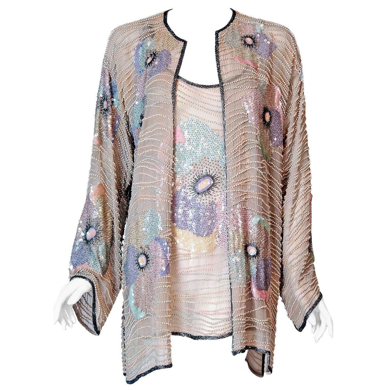 Vintage 1977 Halston Couture Beaded Pastel Floral Silk Blouse and Kimono Jacket
