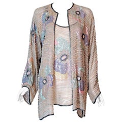 Vintage 1977 Halston Couture Beaded Pastel Floral Silk Blouse and Kimono Jacket