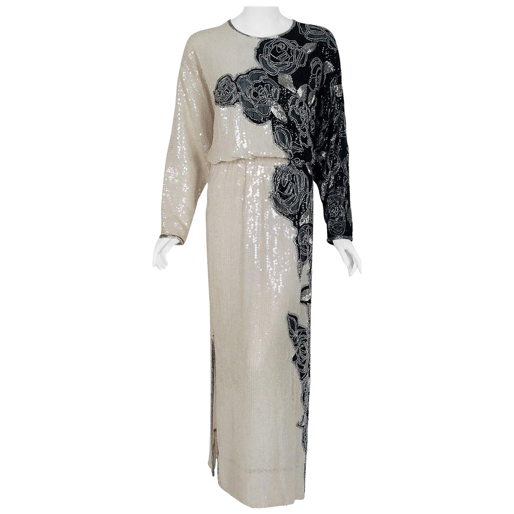 Vintage 1977 Halston Couture Beaded Sequin Ivory & Black Silk Dolman Sleeve Gown