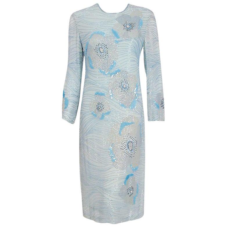 Vintage 1970's Halston Couture Blue Beaded Floral Silk Crepe Long-Sleeve Dress